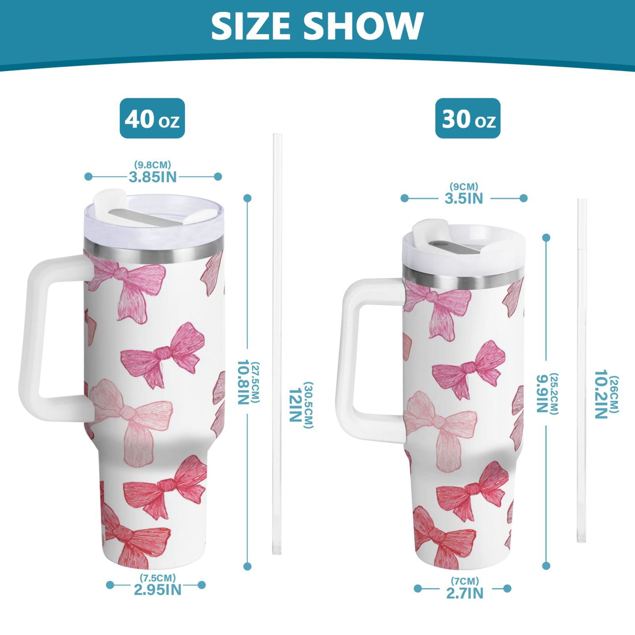 40 oz Insulated Stainless Steel Tumbler Double Wall Stainless Steel Tumbler with 2-Way Drinking Pink Bows Pattern 2NML