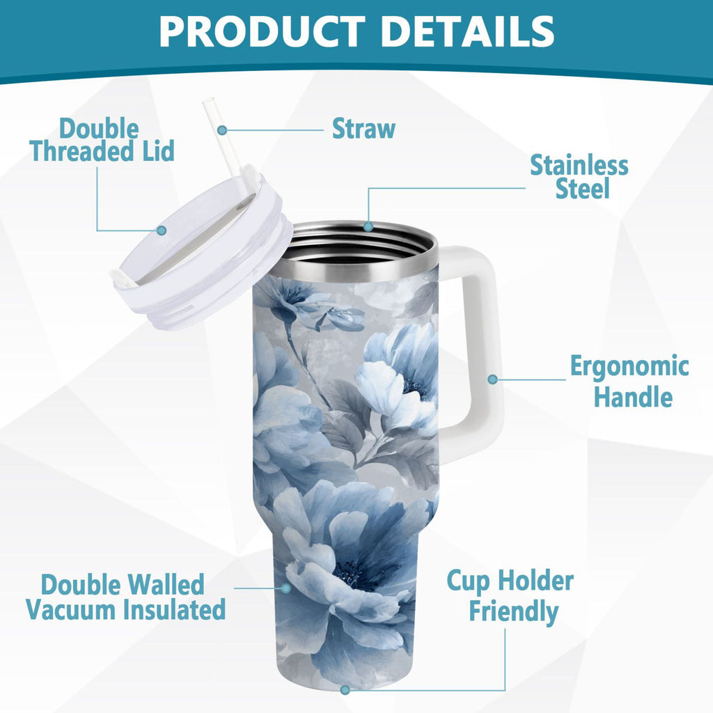 40 oz Insulated Stainless Steel Tumbler Double Wall Stainless Steel Tumbler with 2-Way Drinking White Floral Pattern 2PXY