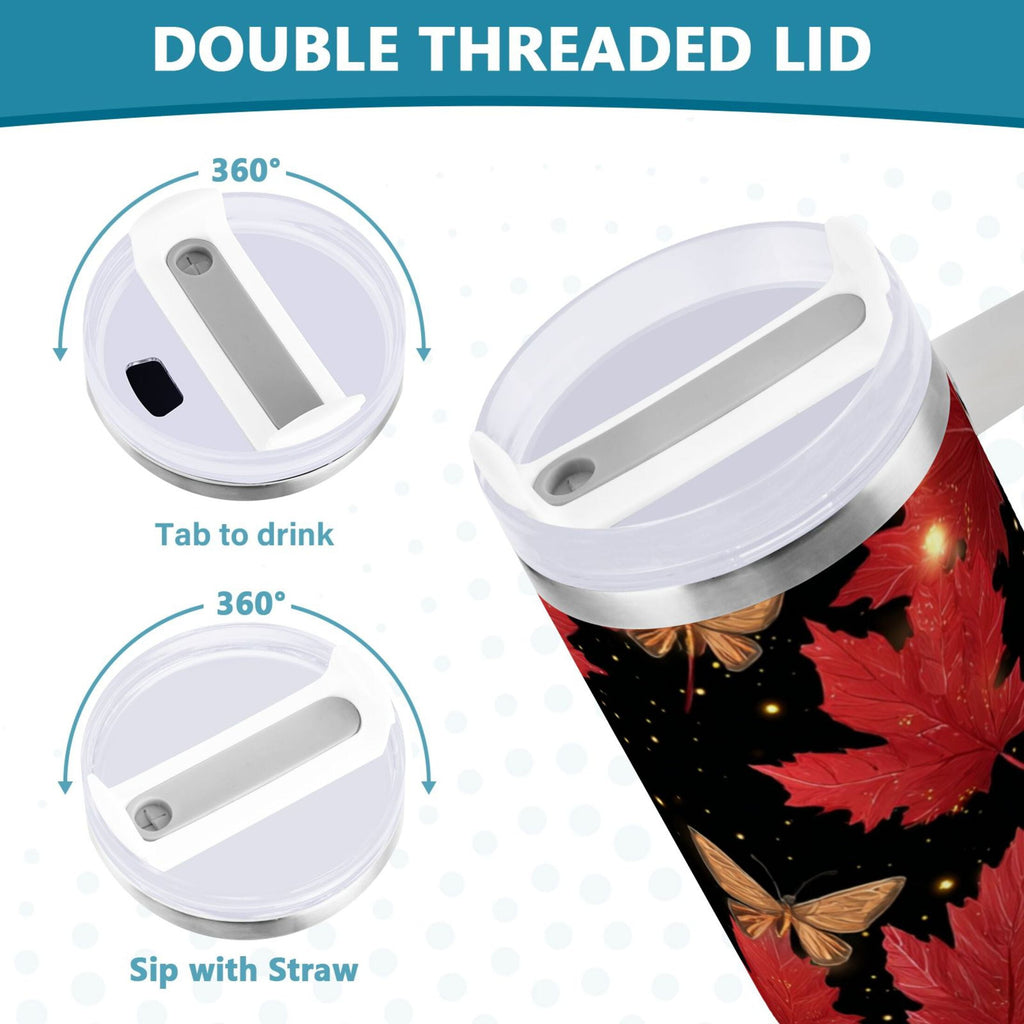 40 oz Insulated Stainless Steel Tumbler Double Wall Stainless Steel Tumbler with 2-Way Drinking Maple Leaves and Fireflies L4DA