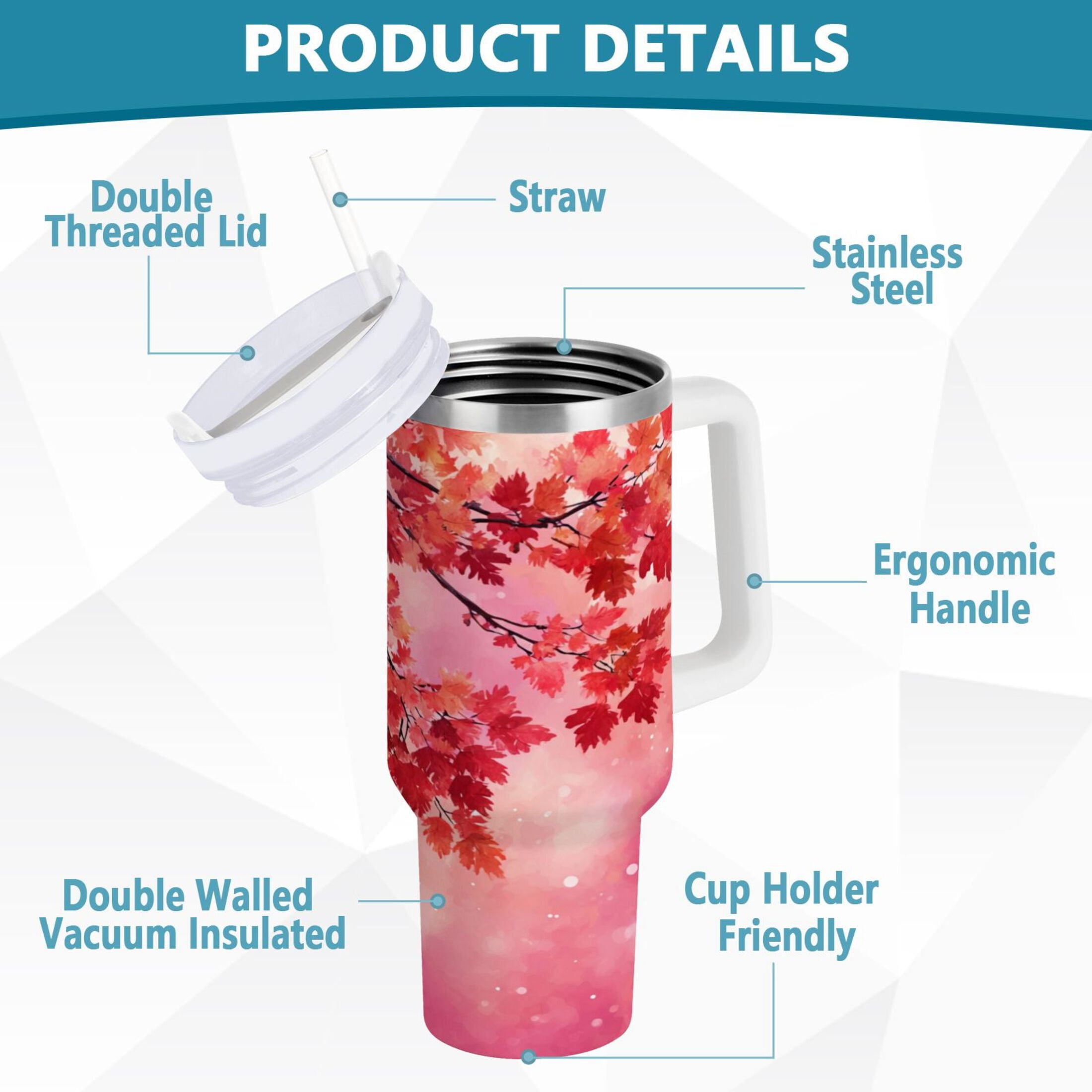 30 oz Insulated Stainless Steel Tumbler Double Wall Stainless Steel Tumbler with 2-Way Drinking Watercolor Red Maple Leaves 5EB2