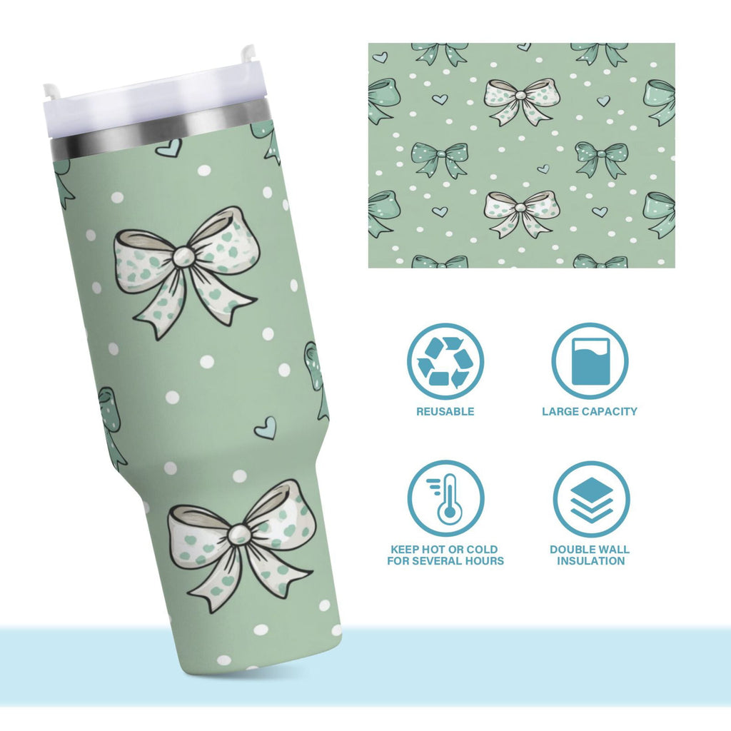 30 oz Insulated Stainless Steel Tumbler Double Wall Stainless Steel Tumbler with 2-Way Drinking Green and Mint Bows GSQF