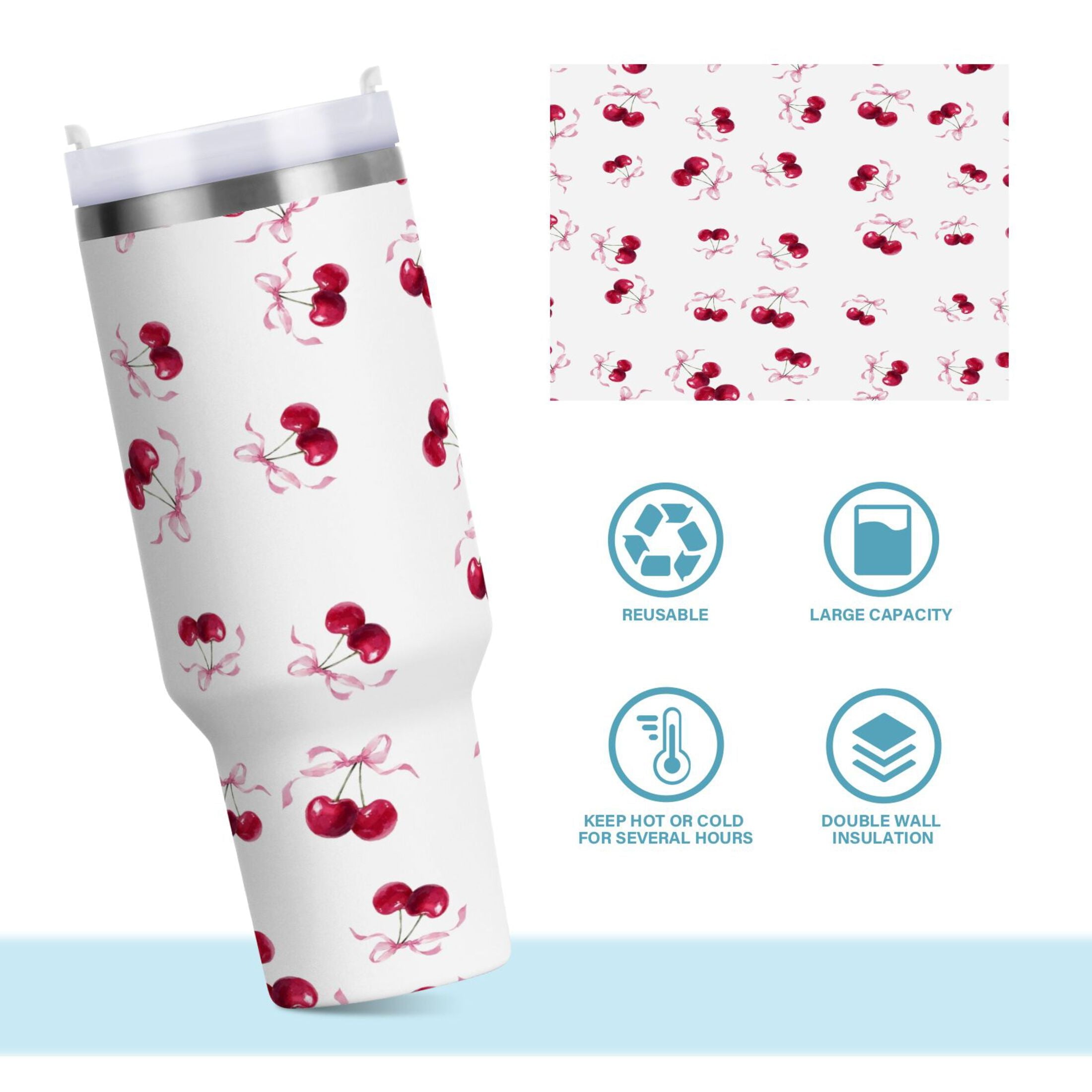 30 oz Insulated Stainless Steel Tumbler Double Wall Stainless Steel Tumbler with 2-Way Drinking Watercolor Cherries Pattern 4FUC