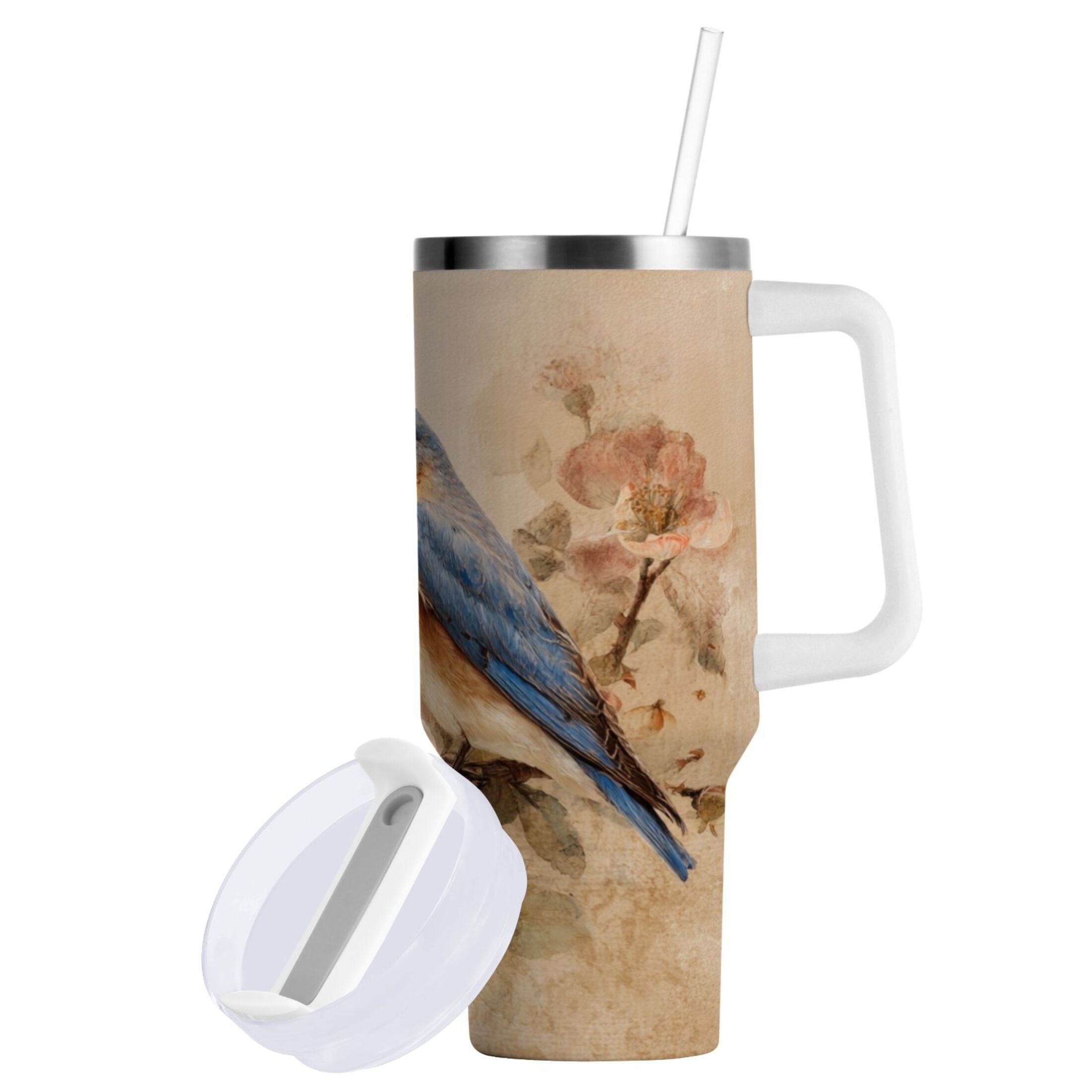 40 oz Insulated Stainless Steel Tumbler Double Wall Stainless Steel Tumbler with 2-Way Drinking Bluebird and Ancient Flowers ISGB