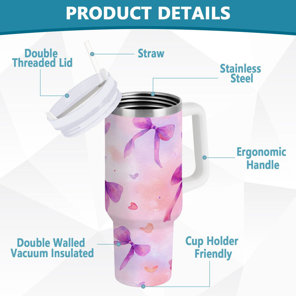 30 oz Insulated Stainless Steel Tumbler Double Wall Stainless Steel Tumbler with 2-Way Drinking Watercolor Purple Bows TU2B