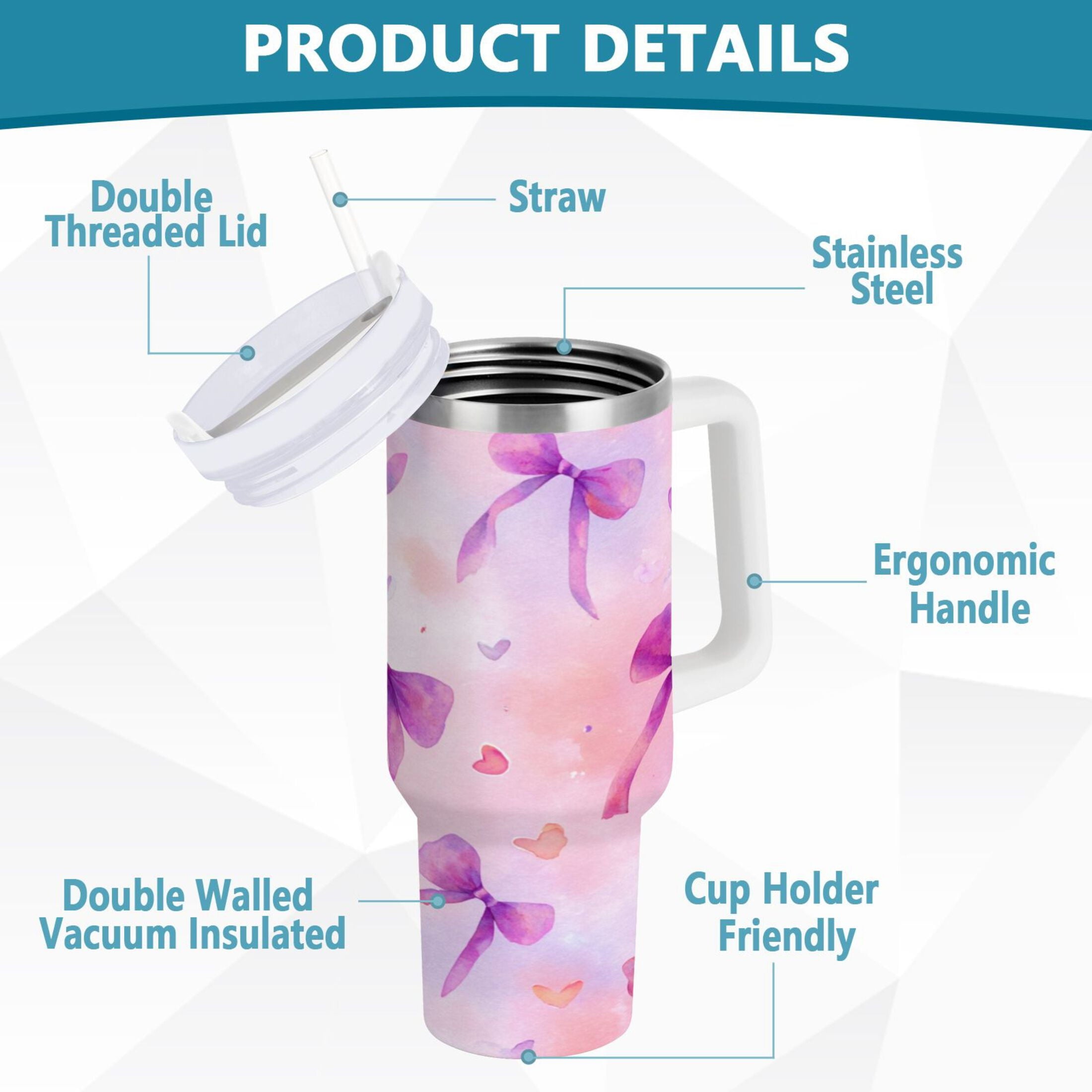 30 oz Insulated Stainless Steel Tumbler Double Wall Stainless Steel Tumbler with 2-Way Drinking Watercolor Purple Bows TU2B