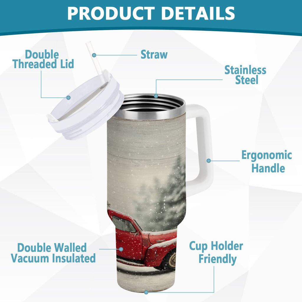40 oz Insulated Stainless Steel Tumbler Double Wall Stainless Steel Tumbler with 2-Way Drinking Vintage Red Truck F1LK