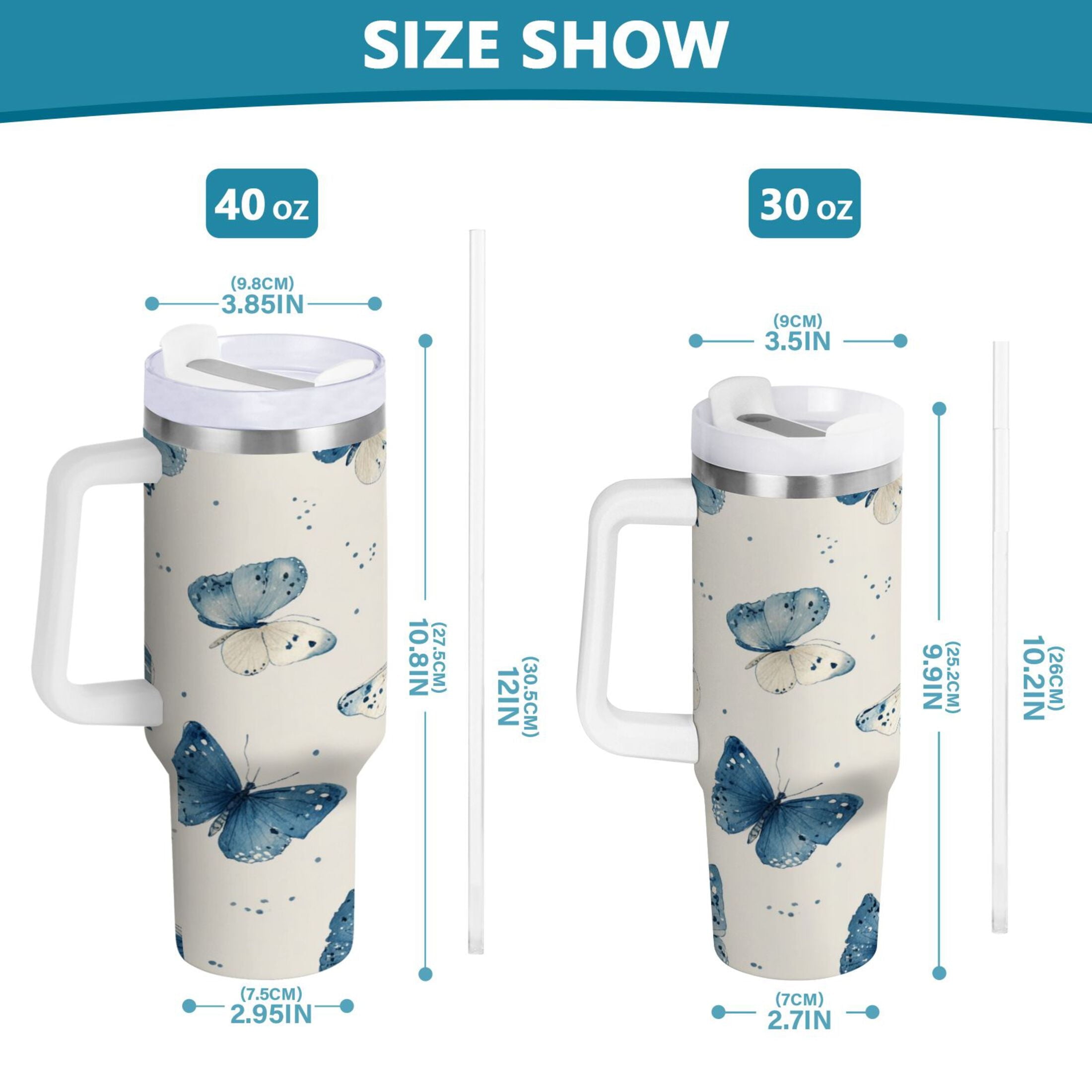 30 oz Insulated Stainless Steel Tumbler Double Wall Stainless Steel Tumbler with 2-Way Drinking Blue Watercolor Butterflies W47M