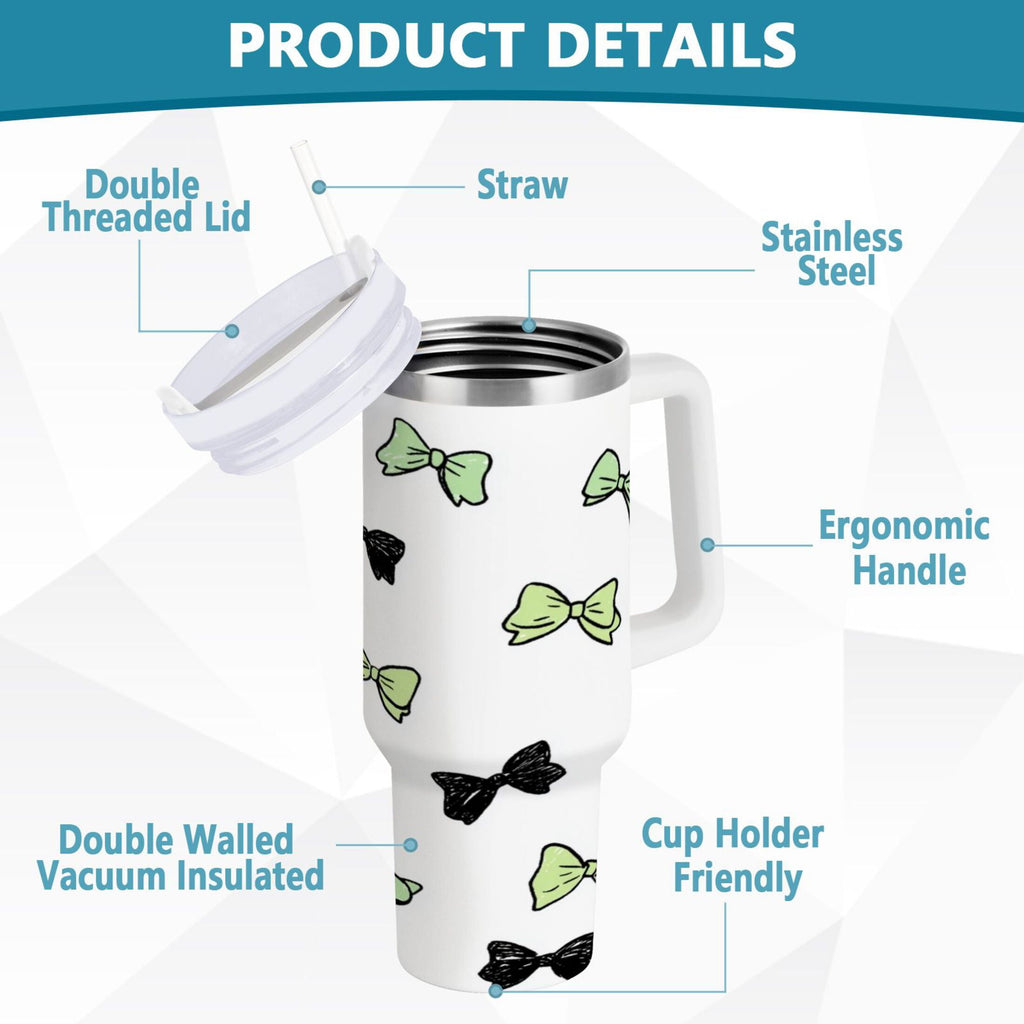40 oz Insulated Stainless Steel Tumbler Double Wall Stainless Steel Tumbler with 2-Way Drinking Green and Black Bows OSXC
