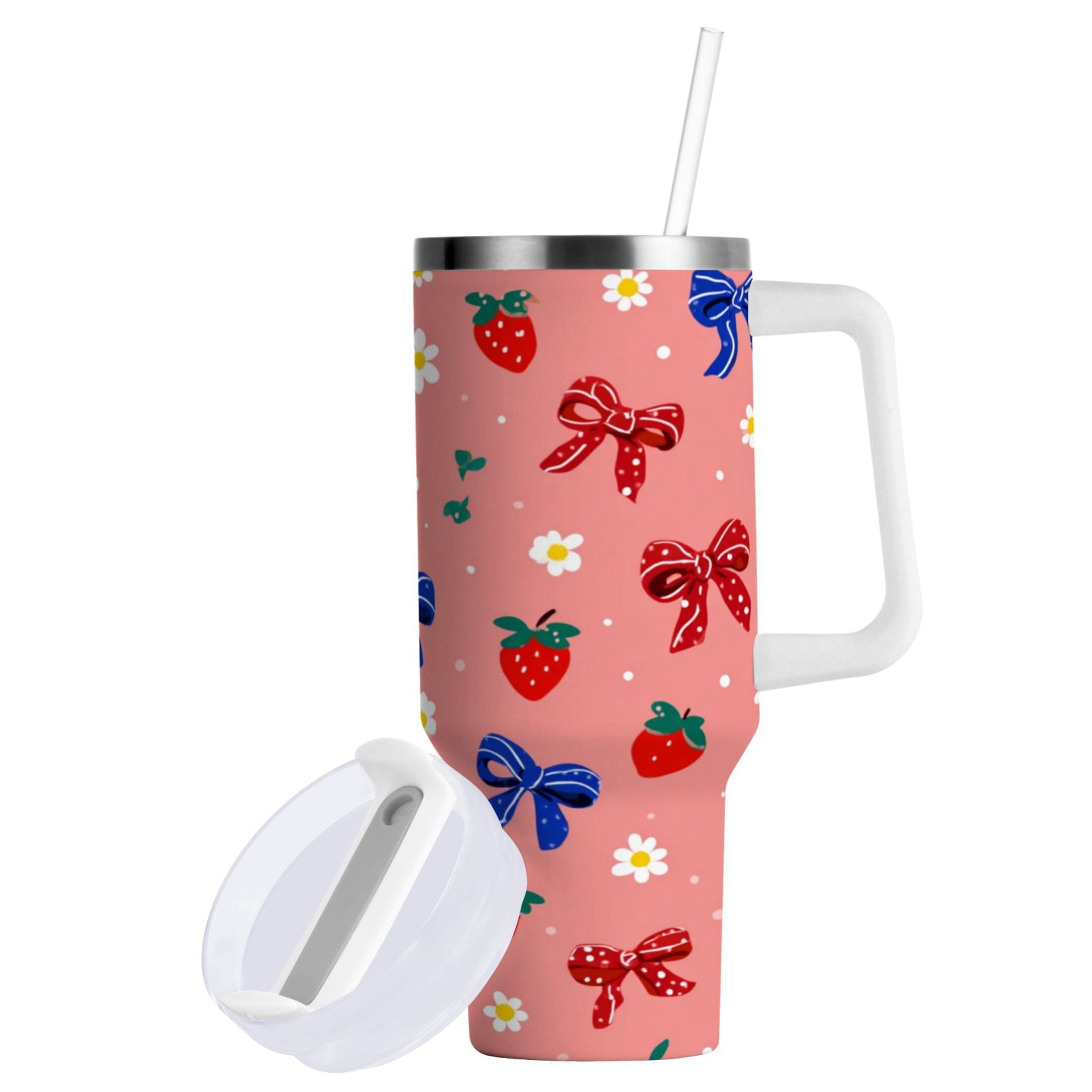 40 oz Insulated Stainless Steel Tumbler Double Wall Stainless Steel Tumbler with 2-Way Drinking Bows and Strawberries Pattern BD1V