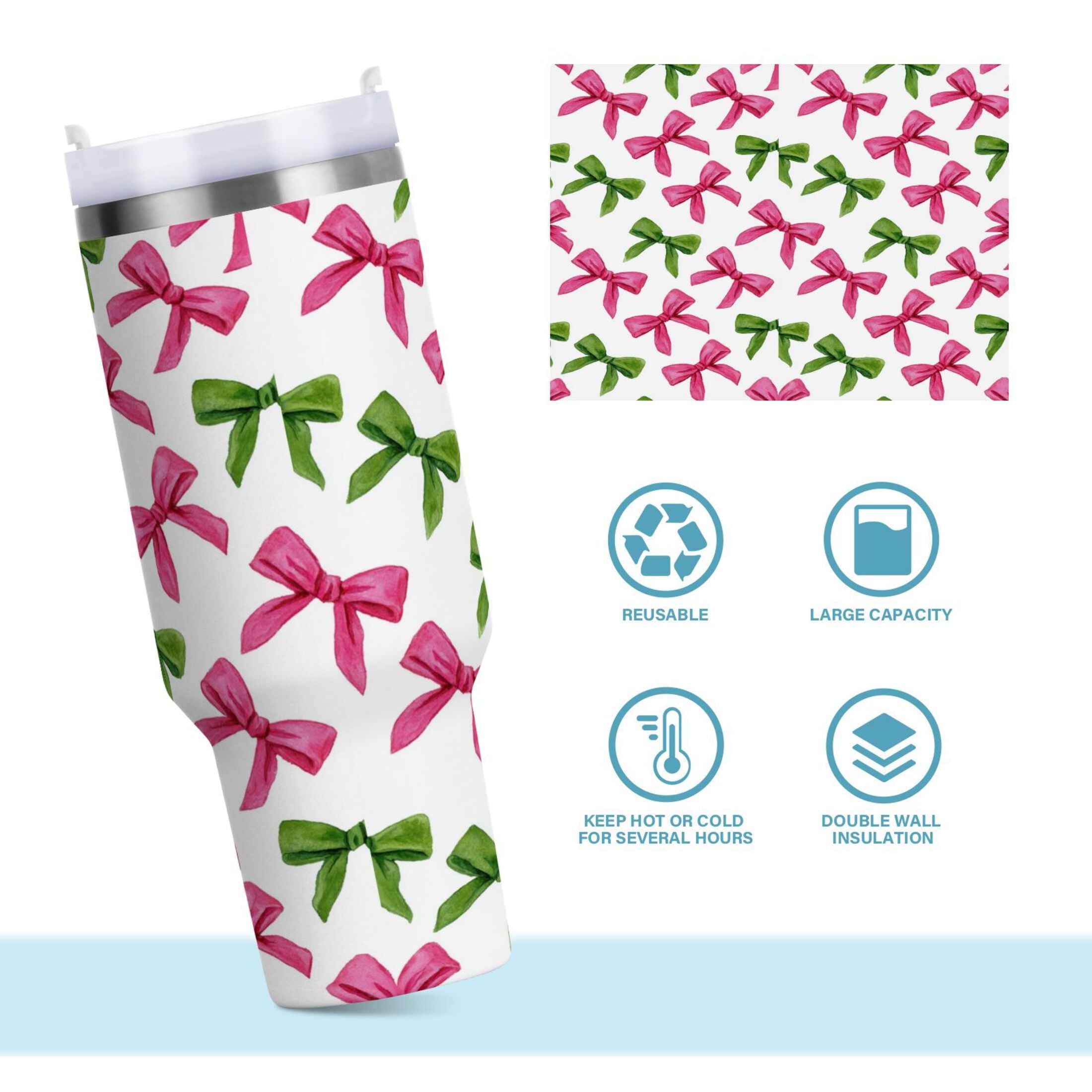 30 oz Insulated Stainless Steel Tumbler Double Wall Stainless Steel Tumbler with 2-Way Drinking Pink Bows and Green Ribbons J3SY