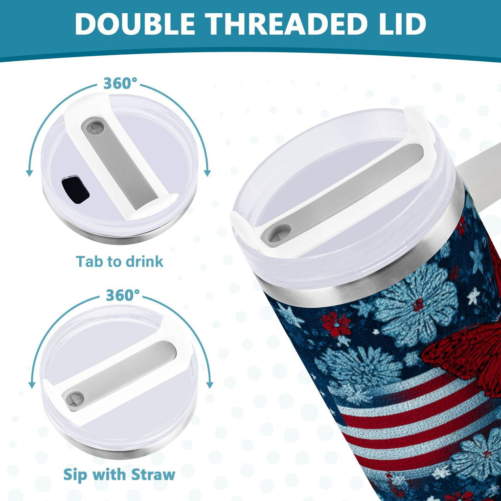 30 oz Insulated Stainless Steel Tumbler Double Wall Stainless Steel Tumbler with 2-Way Drinking Red Butterflies and Flags CB52