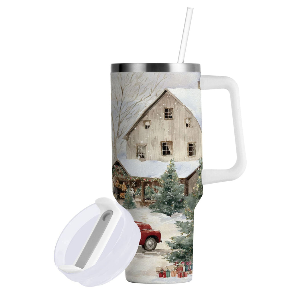 40 oz Insulated Stainless Steel Tumbler Double Wall Stainless Steel Tumbler with 2-Way Drinking Farm Snow Scene 7QPQ