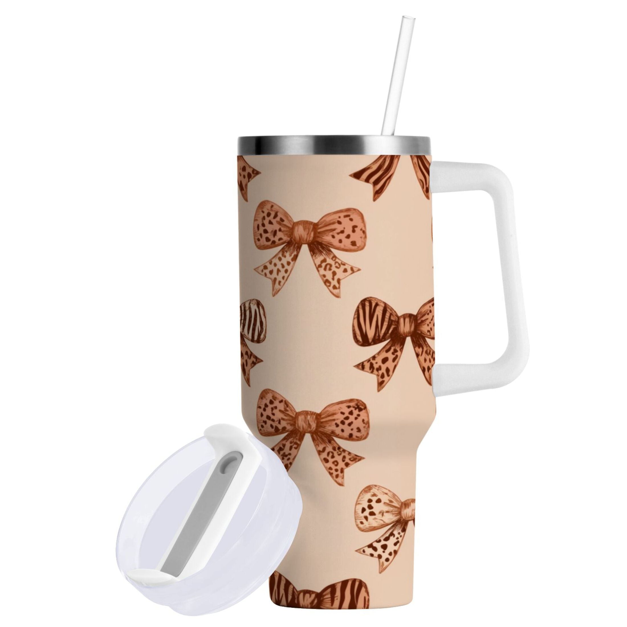 40 oz Insulated Stainless Steel Tumbler Double Wall Stainless Steel Tumbler with 2-Way Drinking Leopard Print Bow 59TL
