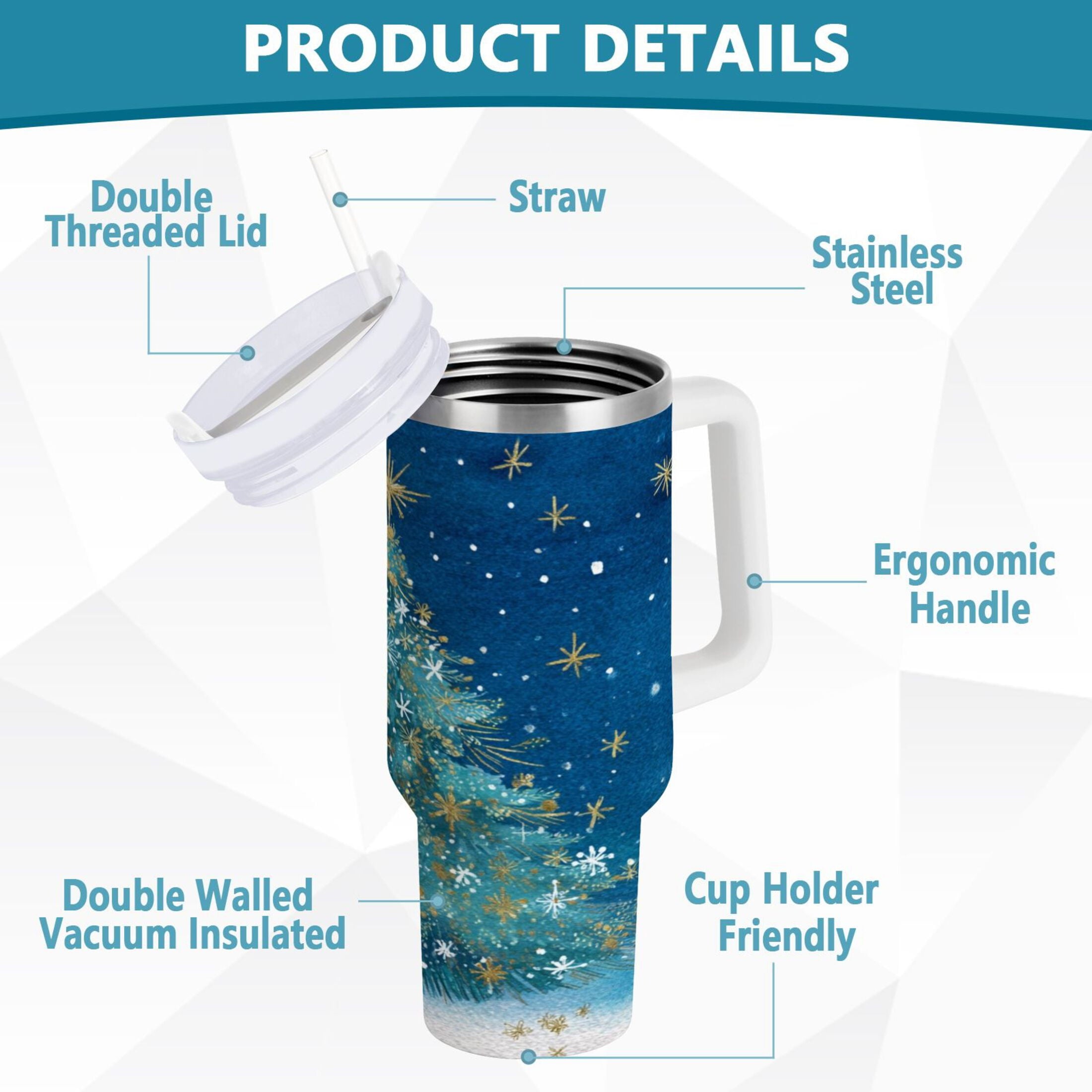 40 oz Insulated Stainless Steel Tumbler Double Wall Stainless Steel Tumbler with 2-Way Drinking Watercolor Christmas Tree 8CM9