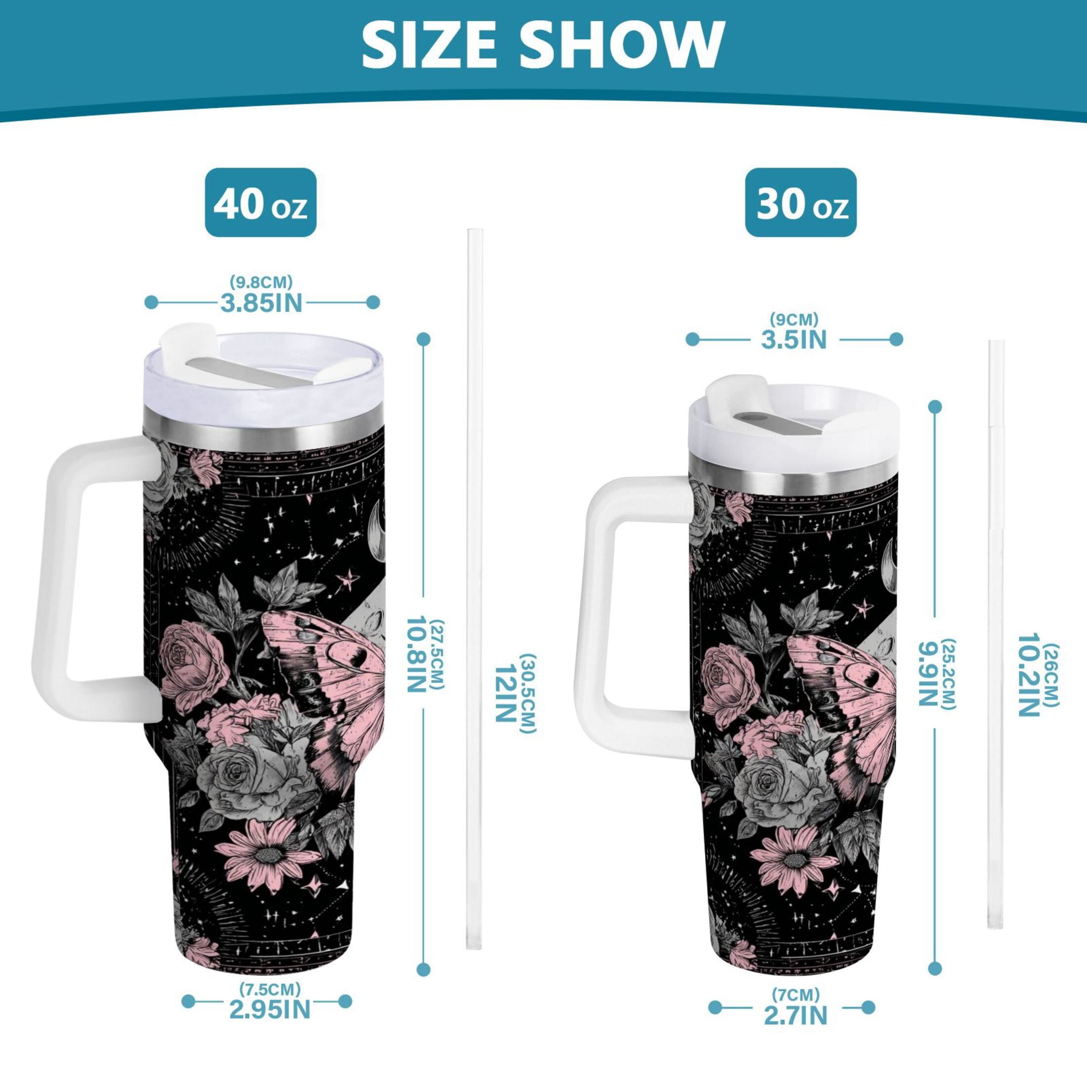 30 oz Insulated Stainless Steel Tumbler Double Wall Stainless Steel Tumbler with 2-Way Drinking Butterfly by Moon and Flowers ZOYE