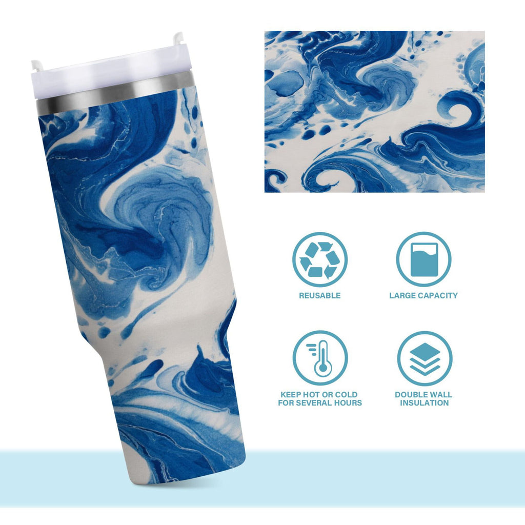 40 oz Insulated Stainless Steel Tumbler Double Wall Stainless Steel Tumbler with 2-Way Drinking Indigo Blue Tie-dye Pattern UEQA