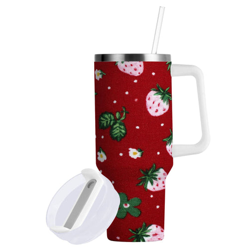 30 oz Insulated Stainless Steel Tumbler Double Wall Stainless Steel Tumbler with 2-Way Drinking Cute Pink Strawberry Pattern 28CP