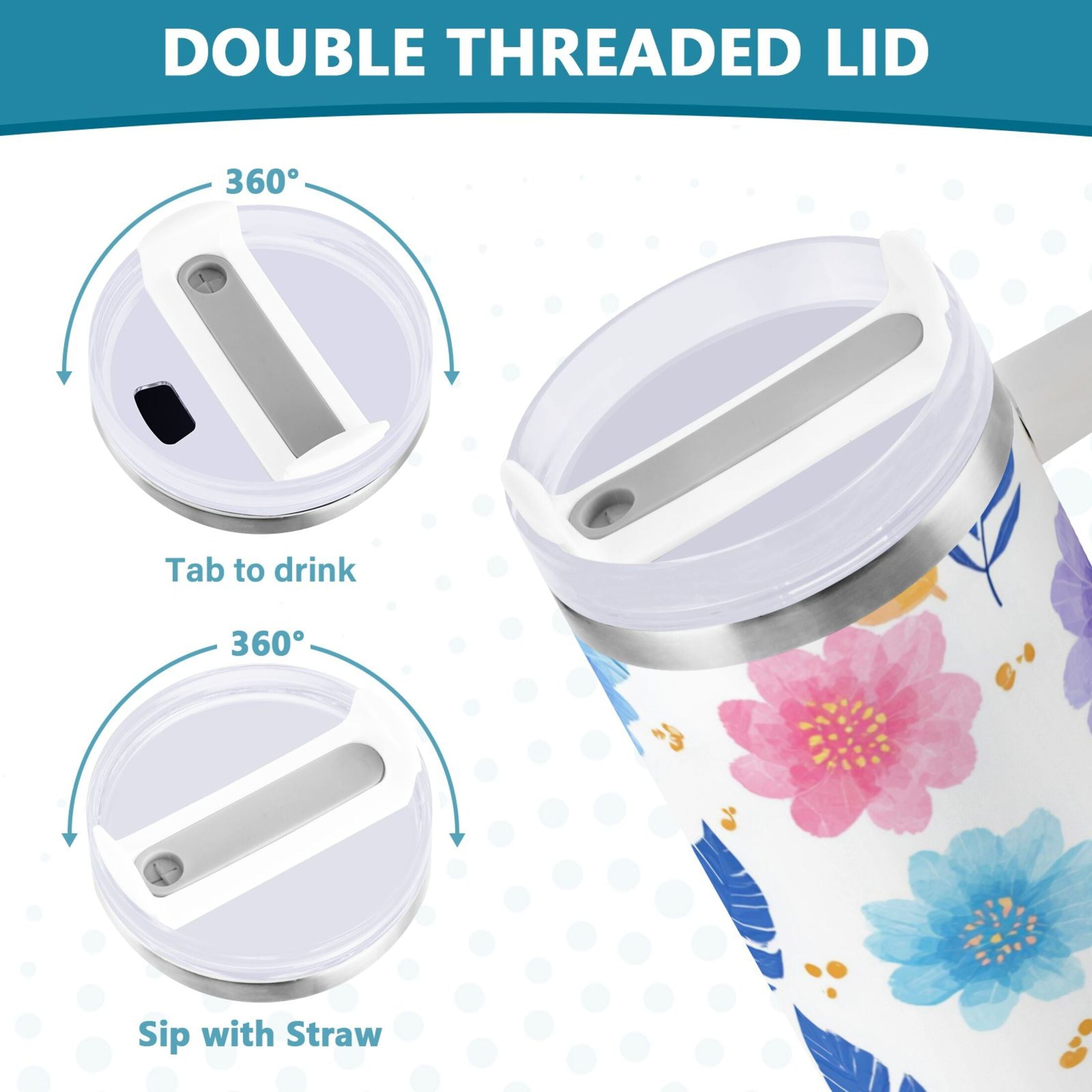 30 oz Insulated Stainless Steel Tumbler Double Wall Stainless Steel Tumbler with 2-Way Drinking Blue and Purple Flowers 48W9