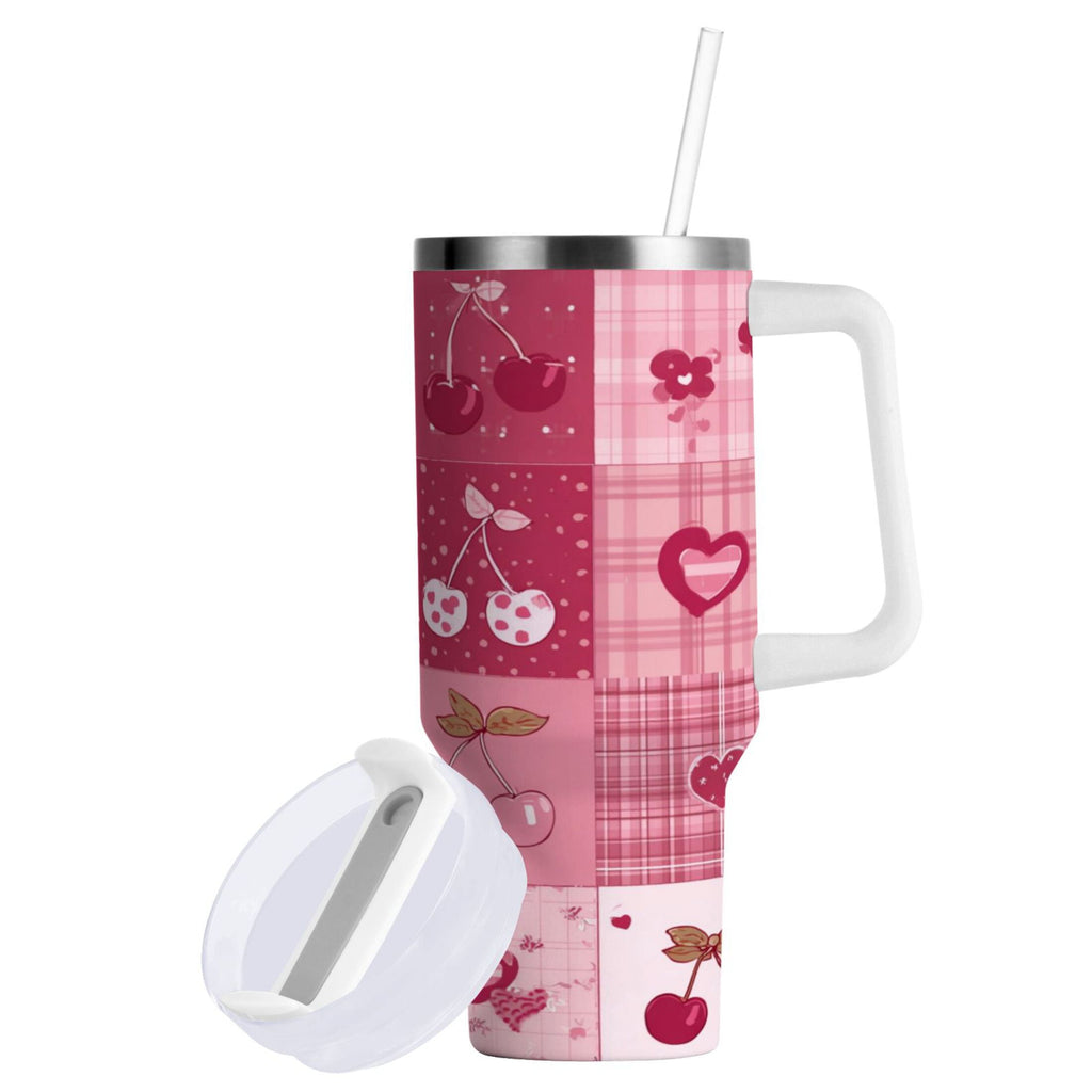 30 oz Insulated Stainless Steel Tumbler Double Wall Stainless Steel Tumbler with 2-Way Drinking Cherry Pattern with Bows 0RMT