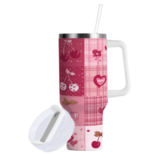 30 oz Insulated Stainless Steel Tumbler Double Wall Stainless Steel Tumbler with 2-Way Drinking Cherry Pattern with Bows 0RMT