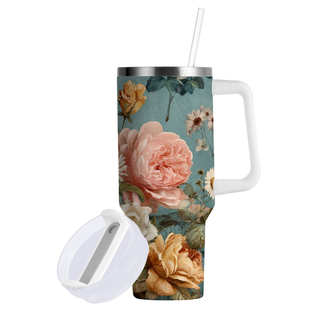 30 oz Insulated Stainless Steel Tumbler Double Wall Stainless Steel Tumbler with 2-Way Drinking Vintage Roses and Peonies 0GSB