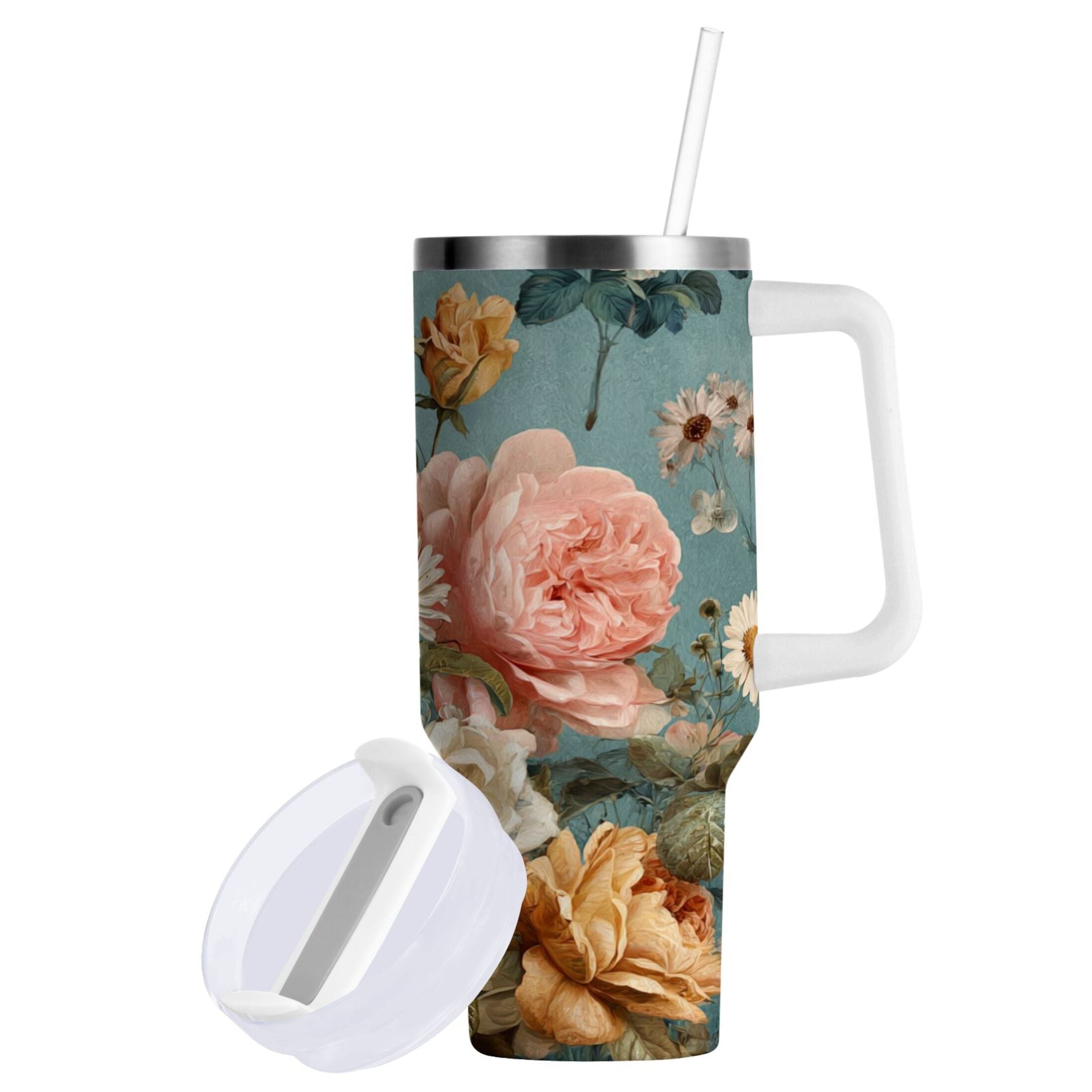 30 oz Insulated Stainless Steel Tumbler Double Wall Stainless Steel Tumbler with 2-Way Drinking Vintage Roses and Peonies 0GSB