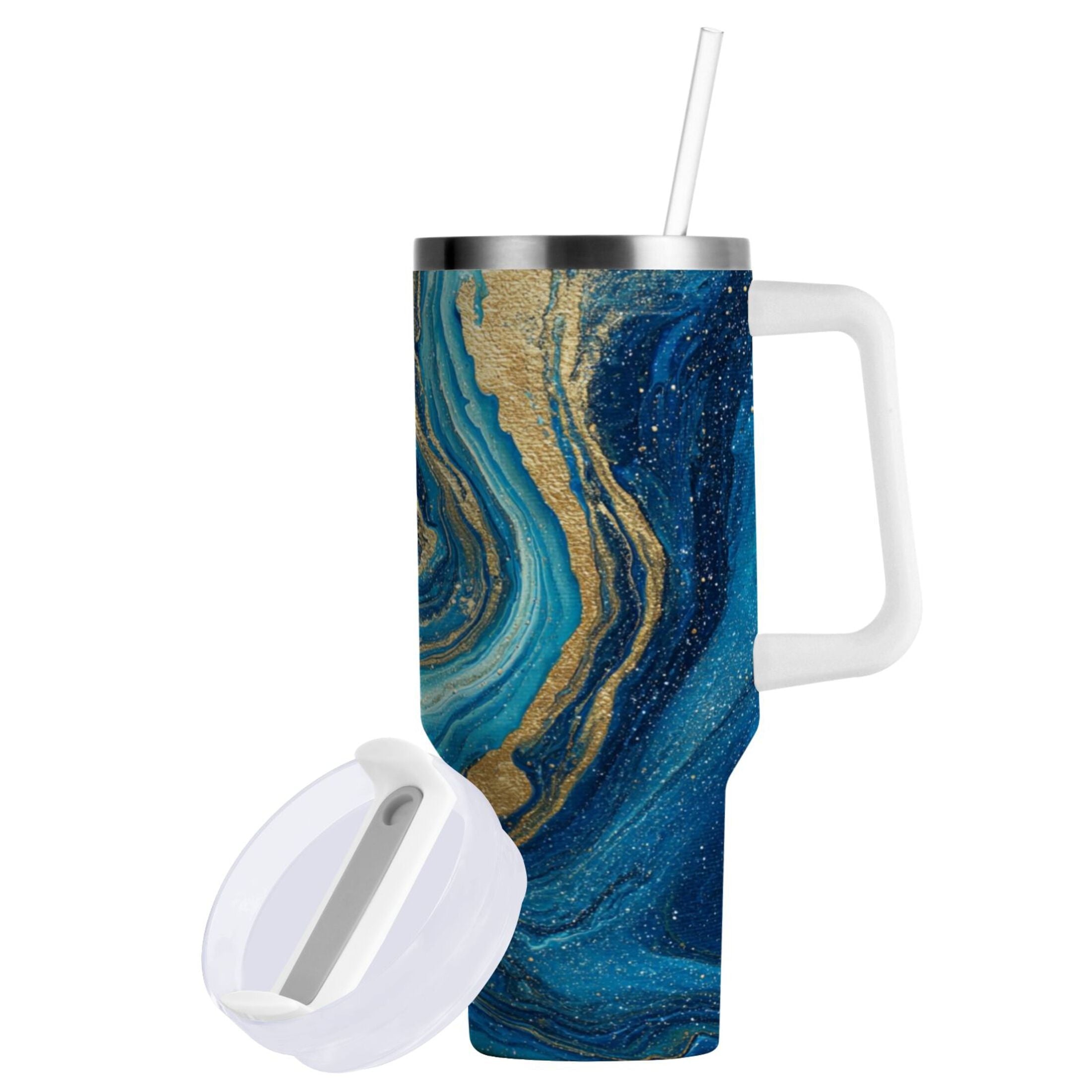 30 oz Insulated Stainless Steel Tumbler Double Wall Stainless Steel Tumbler with 2-Way Drinking Blue and Gold Ocean B3ZT