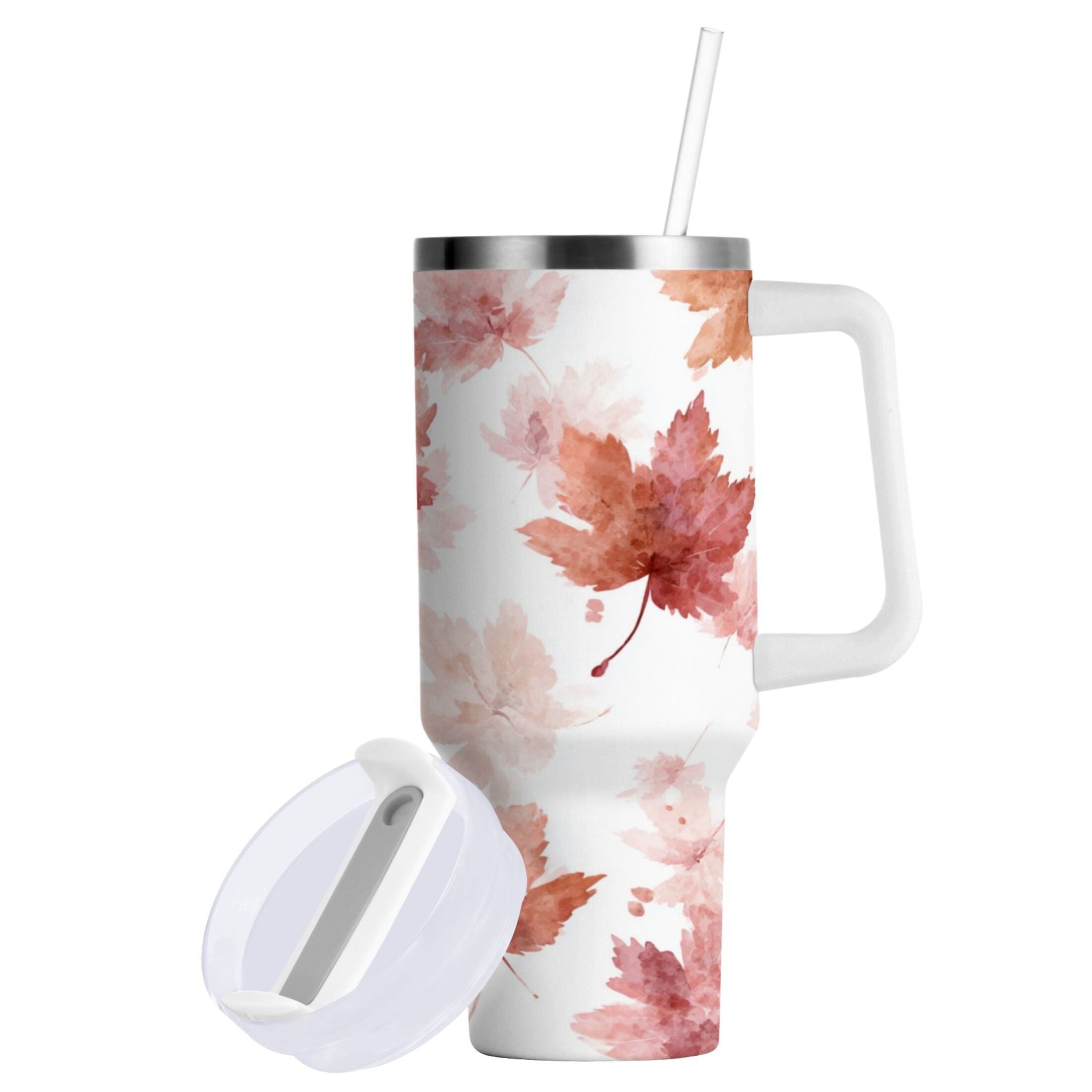 30 oz Insulated Stainless Steel Tumbler Double Wall Stainless Steel Tumbler with 2-Way Drinking Watercolor Pink Maple Leaves TYOR