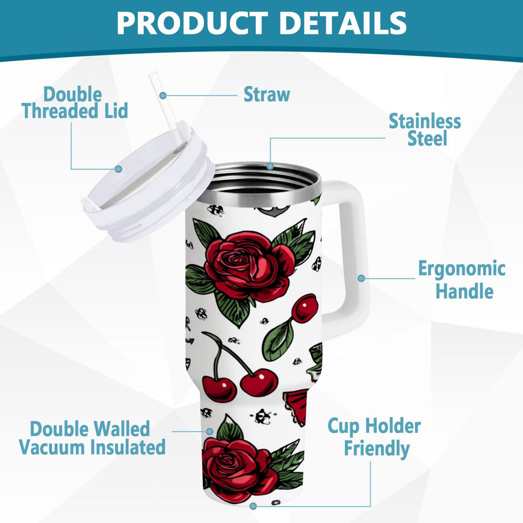 40 oz Insulated Stainless Steel Tumbler Double Wall Stainless Steel Tumbler with 2-Way Drinking Red Roses and Cherries IIQ7