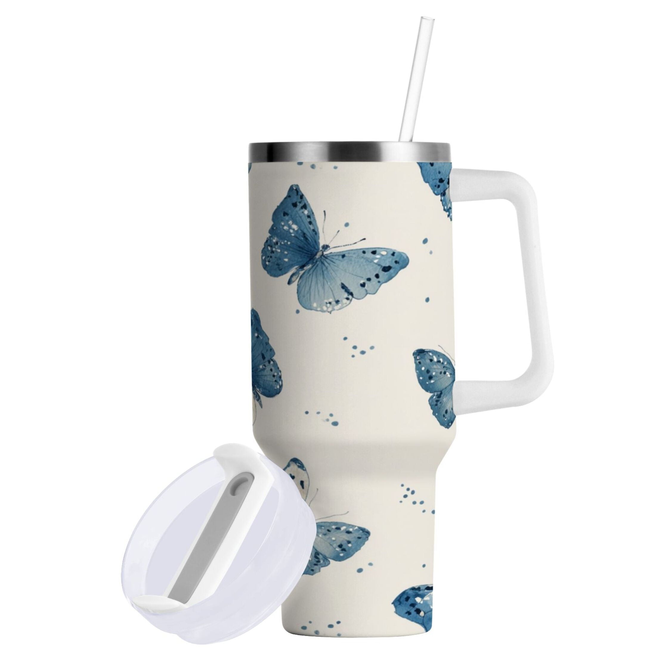 30 oz Insulated Stainless Steel Tumbler Double Wall Stainless Steel Tumbler with 2-Way Drinking Blue Watercolor Butterflies W47M