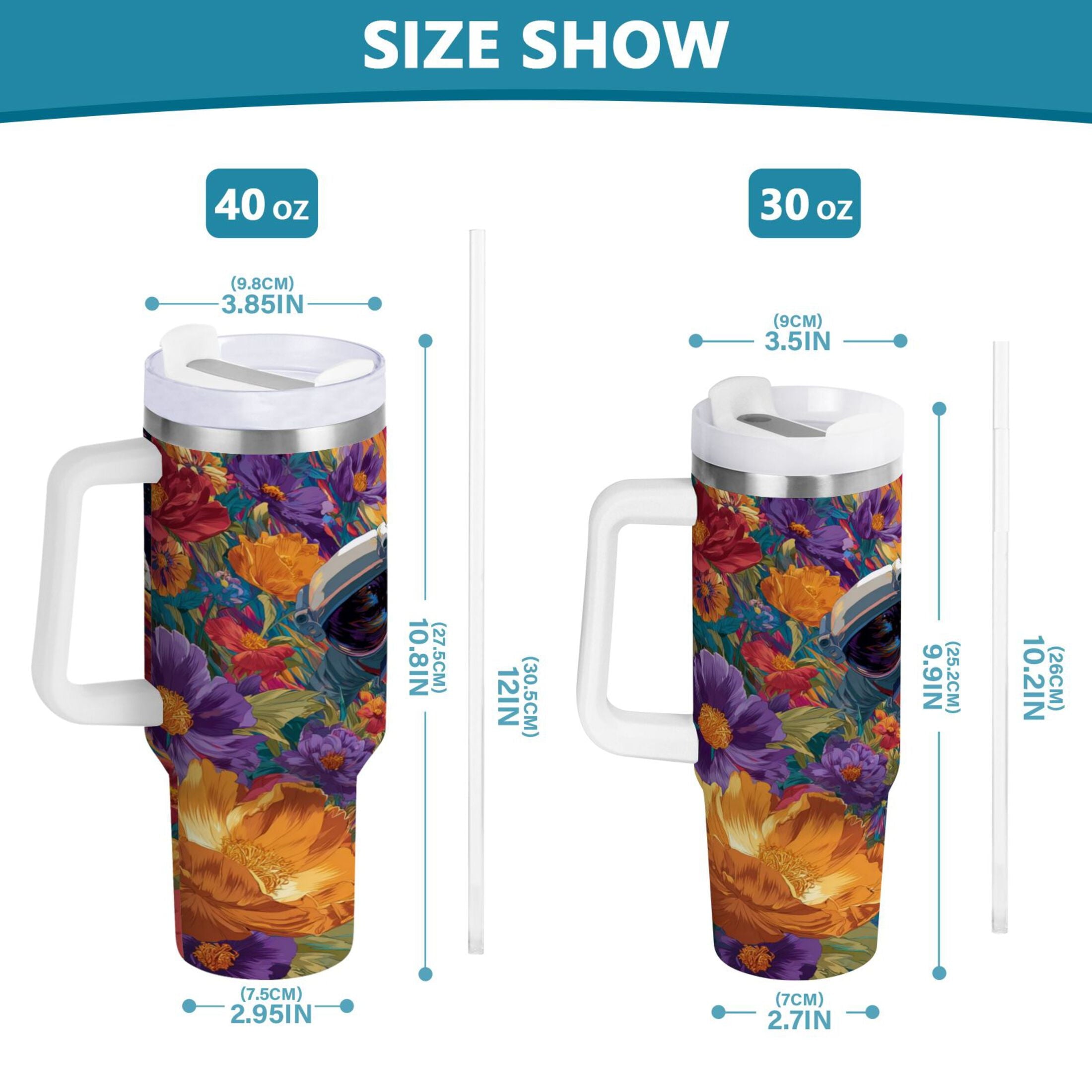 40 oz Insulated Stainless Steel Tumbler Double Wall Stainless Steel Tumbler with 2-Way Drinking Colorful Flowers and Planets 3M68