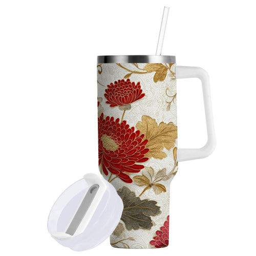 30 oz Insulated Stainless Steel Tumbler Double Wall Stainless Steel Tumbler with 2-Way Drinking Red Chrysanthemum Pattern 234D