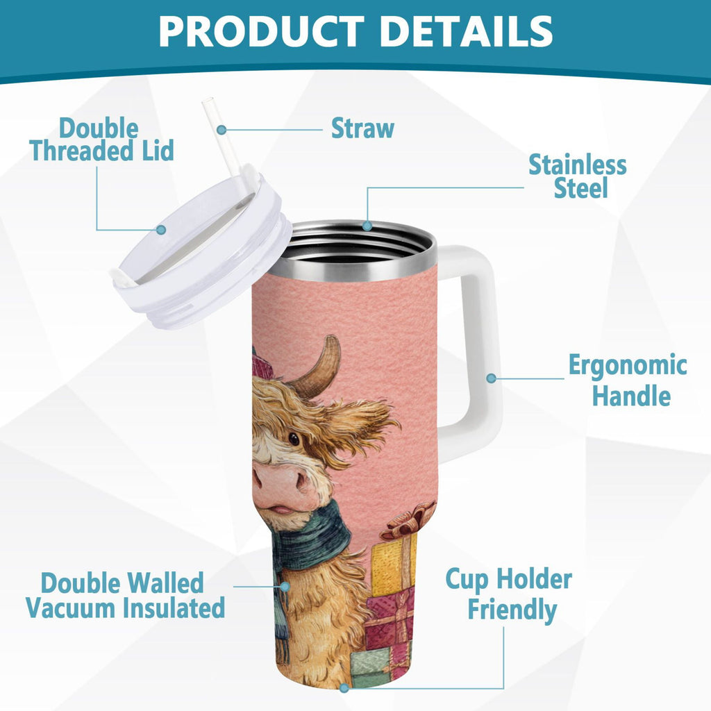 30 oz Insulated Stainless Steel Tumbler Double Wall Stainless Steel Tumbler with 2-Way Drinking Cow Wearing Scarf and Hat XMXO