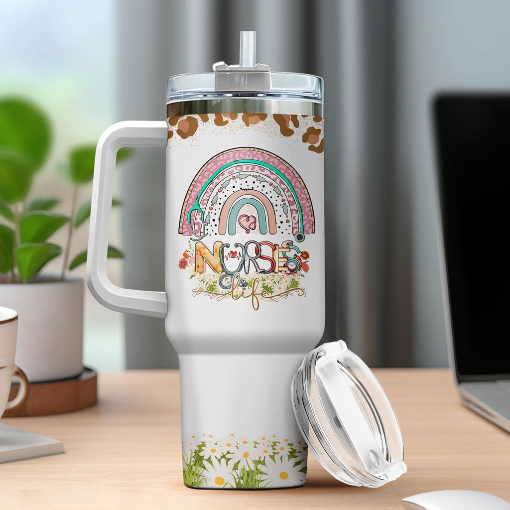 Tumbler 40 Oz With Handle Lid And Straw, Nurse Gifts, Black Camo White Engraved Print Travel Nurses Tumblers Handle Funny Cups Nursing For, Great Nurse Rainbow Daisy Flower FV57