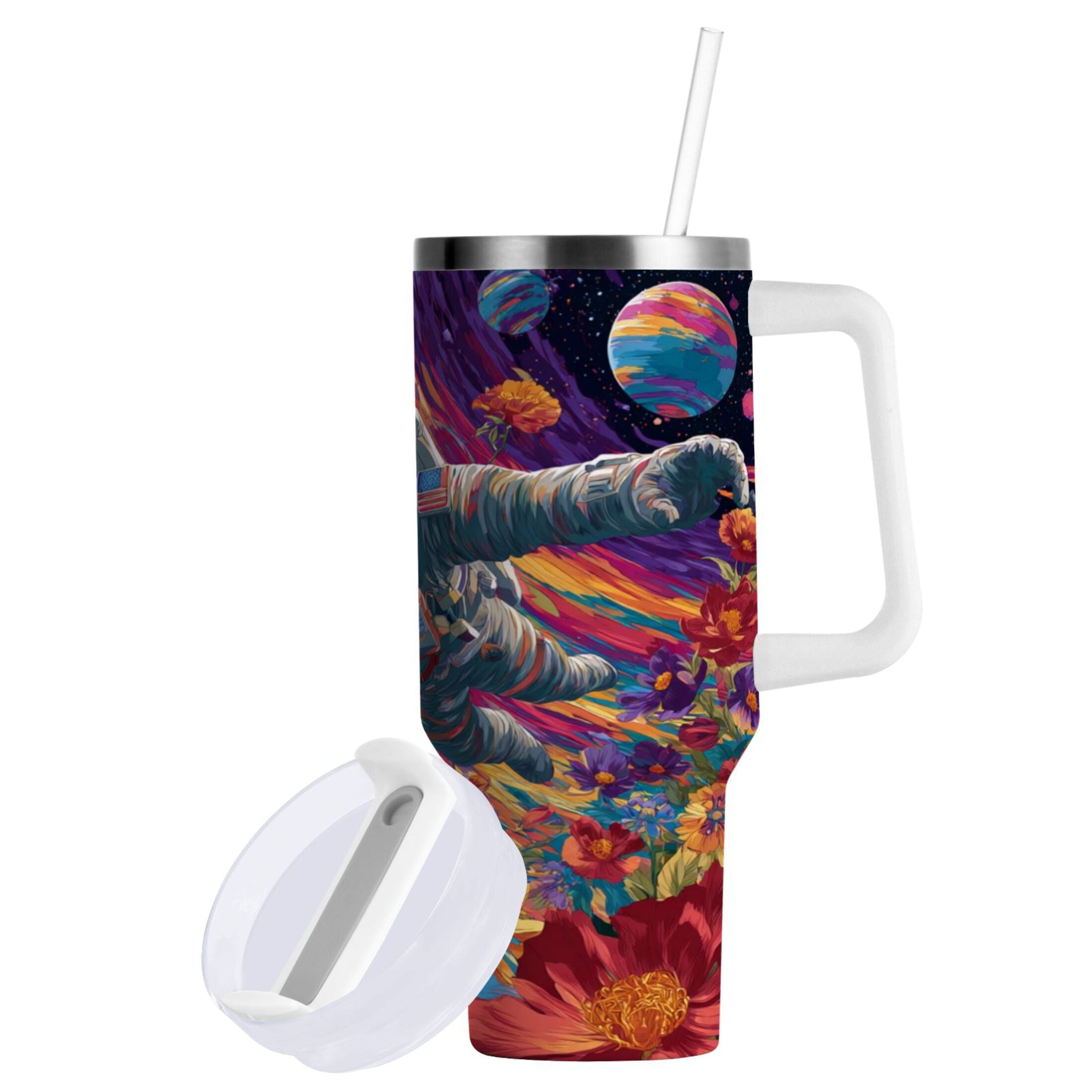 40 oz Insulated Stainless Steel Tumbler Double Wall Stainless Steel Tumbler with 2-Way Drinking Colorful Flowers and Planets 3M68