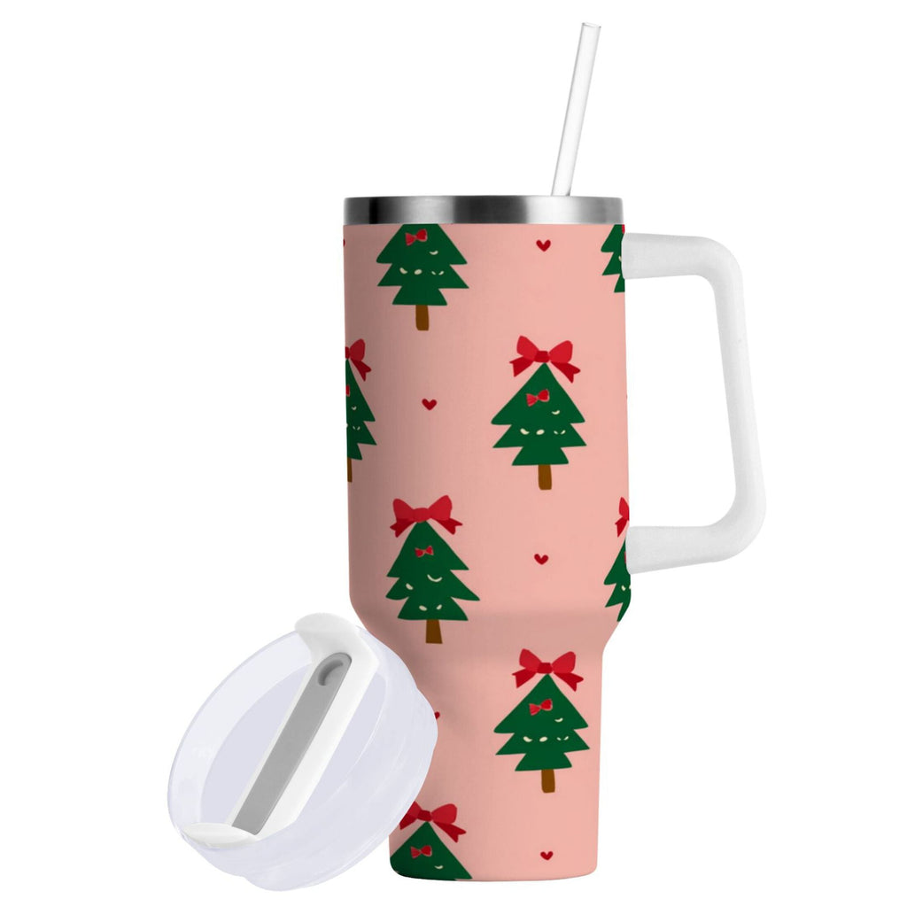 40 oz Insulated Stainless Steel Tumbler Double Wall Stainless Steel Tumbler with 2-Way Drinking Green Trees and Red Bows I1IN