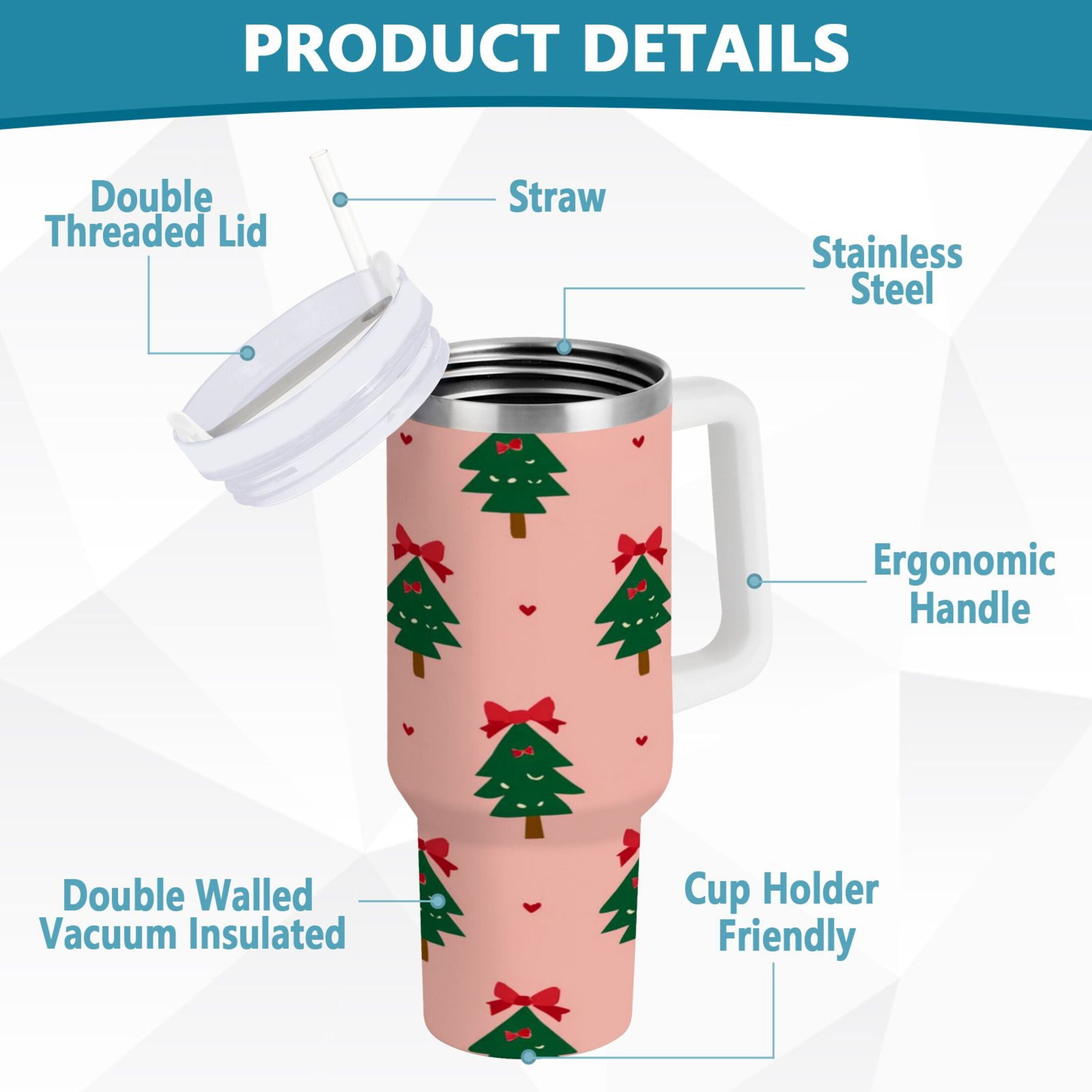 40 oz Insulated Stainless Steel Tumbler Double Wall Stainless Steel Tumbler with 2-Way Drinking Green Trees and Red Bows I1IN