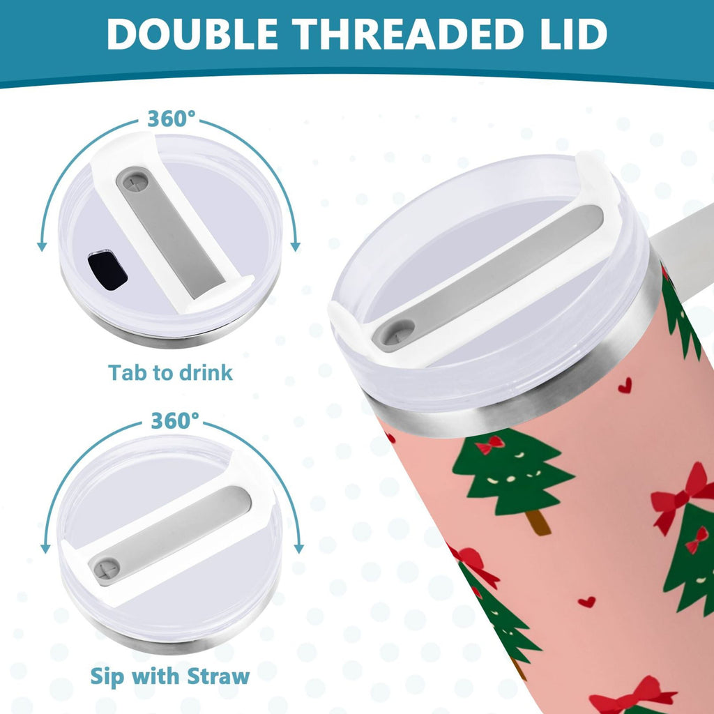40 oz Insulated Stainless Steel Tumbler Double Wall Stainless Steel Tumbler with 2-Way Drinking Green Trees and Red Bows I1IN