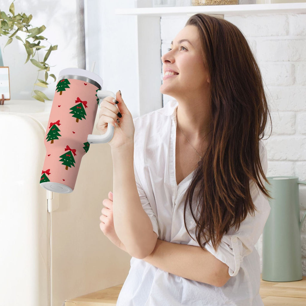 40 oz Insulated Stainless Steel Tumbler Double Wall Stainless Steel Tumbler with 2-Way Drinking Green Trees and Red Bows I1IN