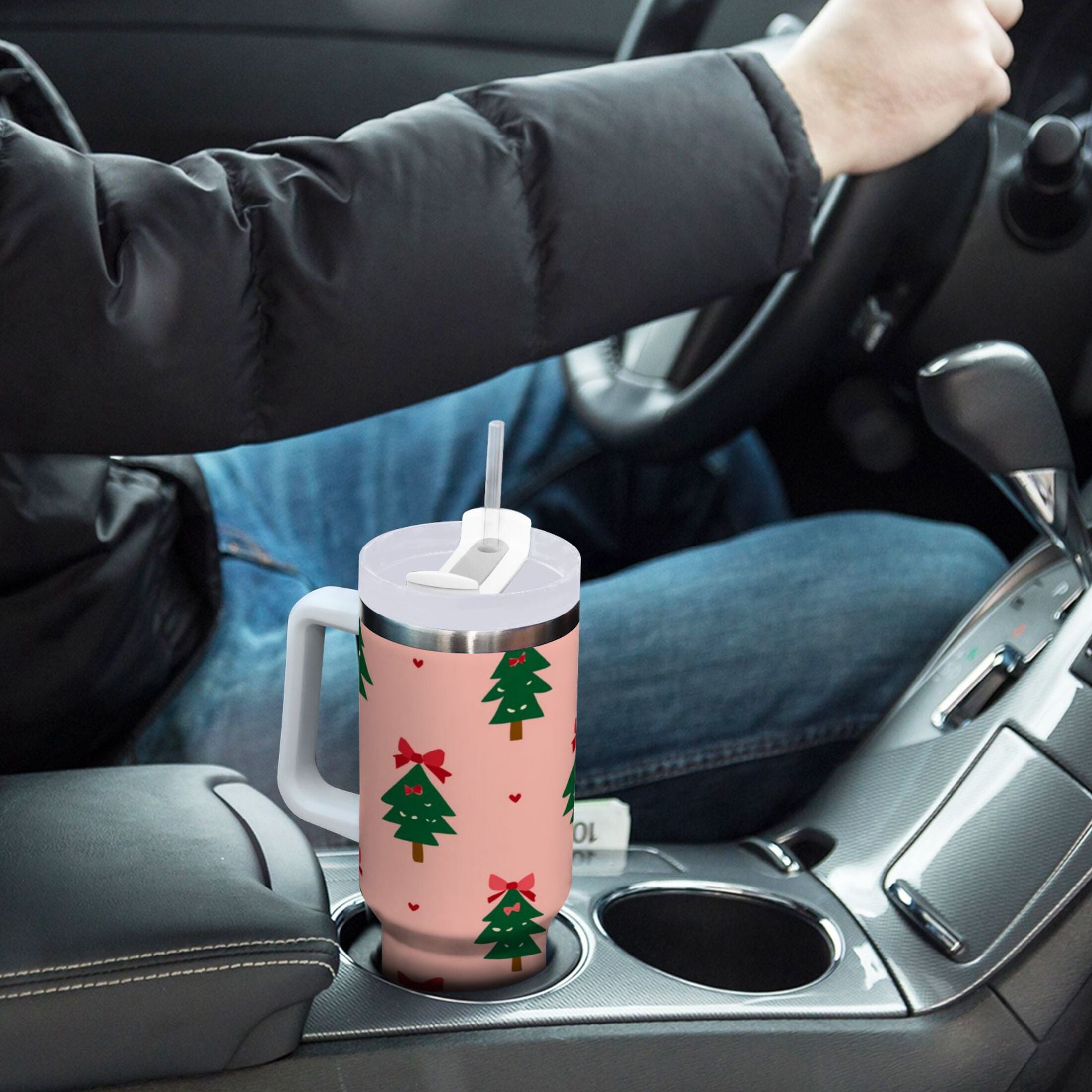 40 oz Insulated Stainless Steel Tumbler Double Wall Stainless Steel Tumbler with 2-Way Drinking Green Trees and Red Bows I1IN