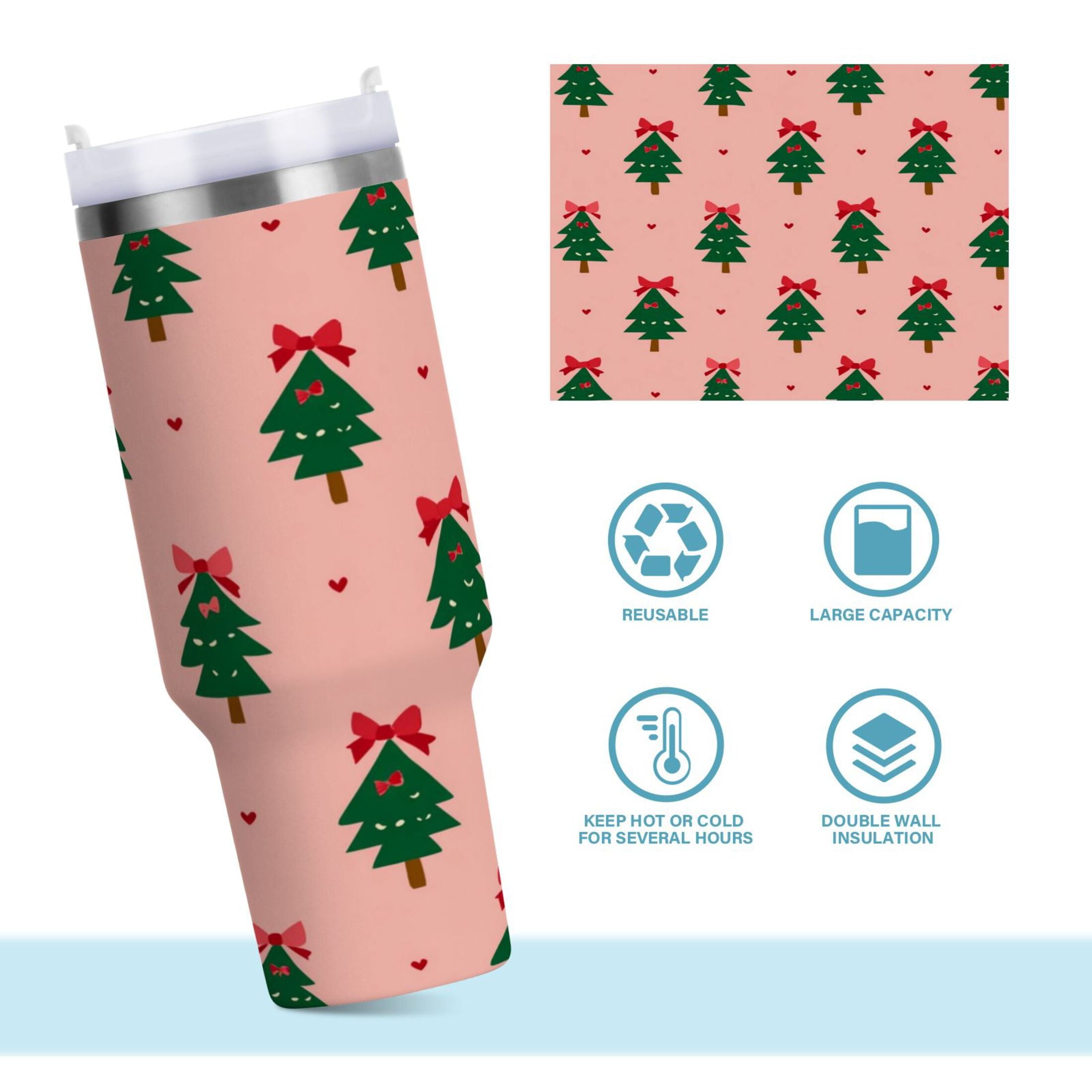 40 oz Insulated Stainless Steel Tumbler Double Wall Stainless Steel Tumbler with 2-Way Drinking Green Trees and Red Bows I1IN