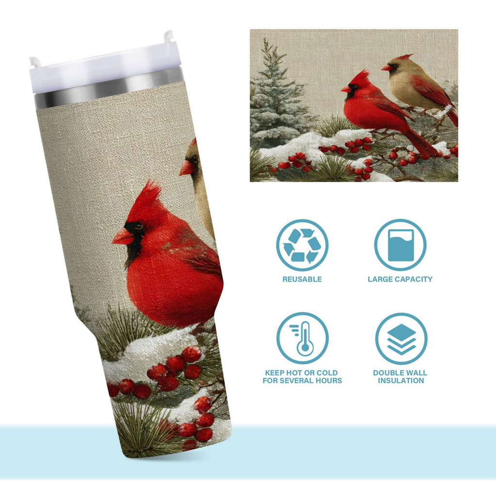 30 oz Insulated Stainless Steel Tumbler Double Wall Stainless Steel Tumbler with 2-Way Drinking Bird and Snow-covered Trees HRNS
