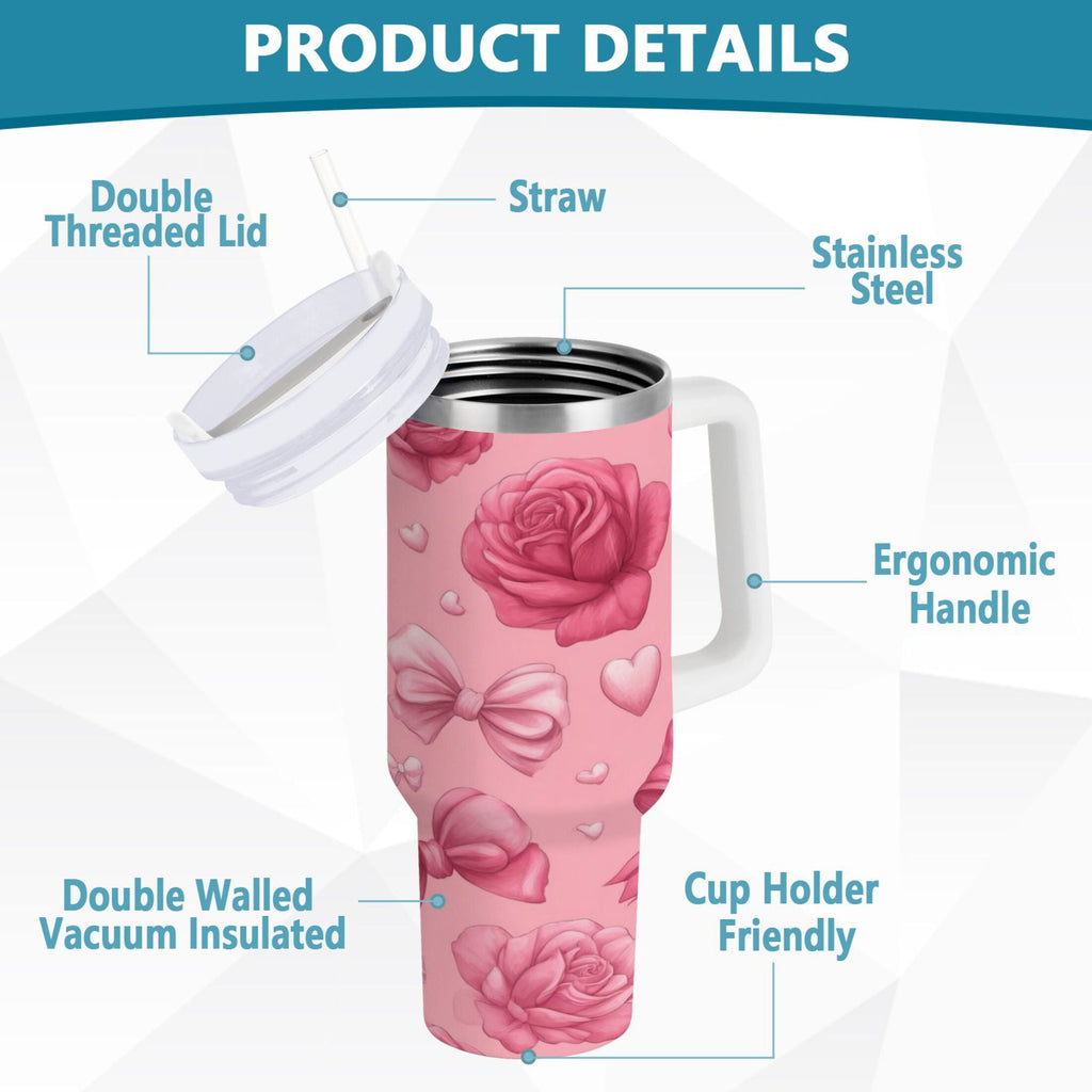 40 oz Insulated Stainless Steel Tumbler Double Wall Stainless Steel Tumbler with 2-Way Drinking Roses and Bows Pattern QV9Q