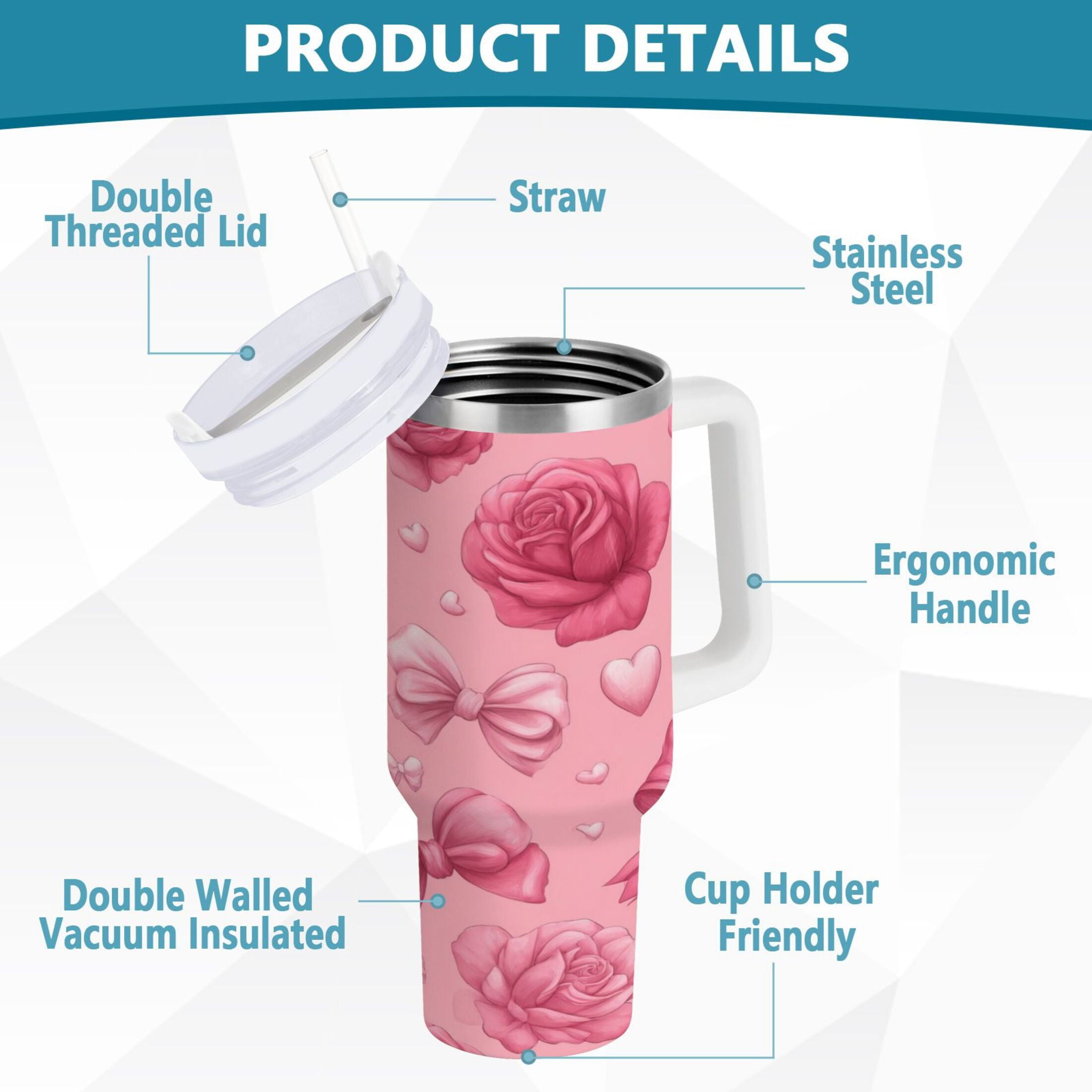 40 oz Insulated Stainless Steel Tumbler Double Wall Stainless Steel Tumbler with 2-Way Drinking Roses and Bows Pattern QV9Q