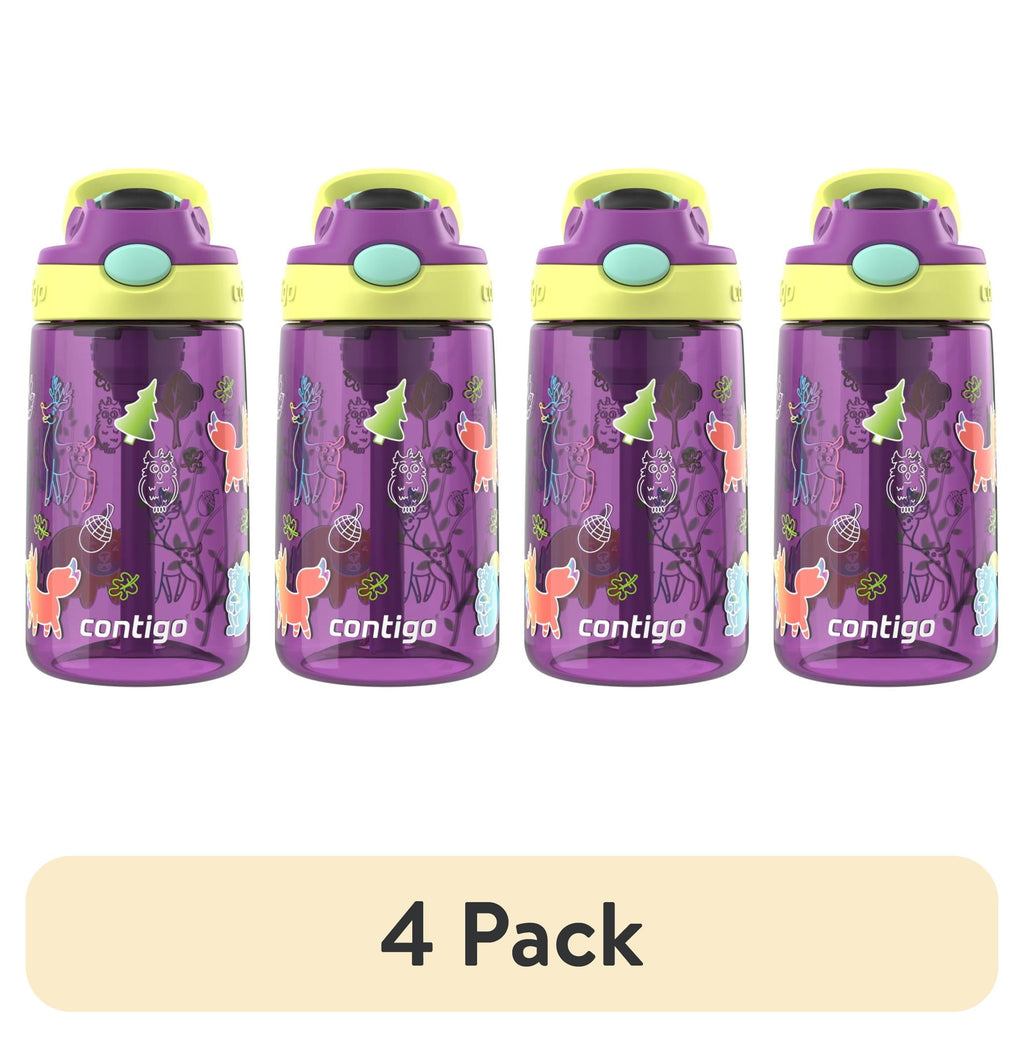 (4 pack) Contigo Kids Water Bottle with Redesigned AUTOSPOUT Straw, 14 oz, Grape Forest Haven ZZUT