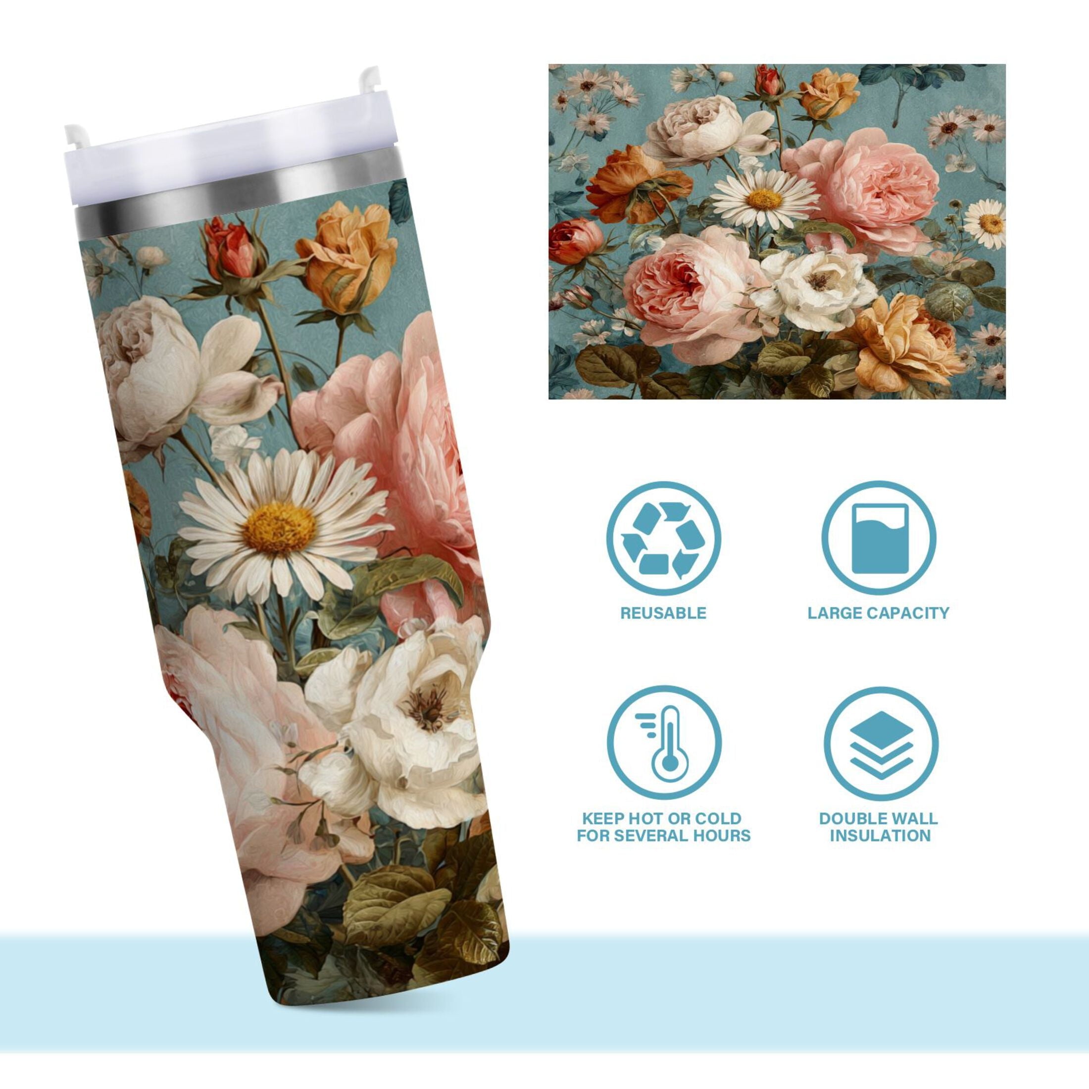 30 oz Insulated Stainless Steel Tumbler Double Wall Stainless Steel Tumbler with 2-Way Drinking Vintage Roses and Peonies 0GSB