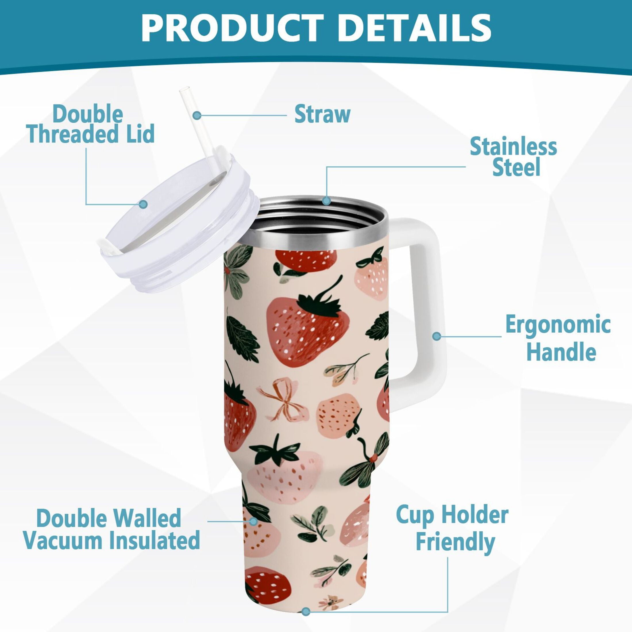 30 oz Insulated Stainless Steel Tumbler Double Wall Stainless Steel Tumbler with 2-Way Drinking Cute Pinks Strawberries WZLV