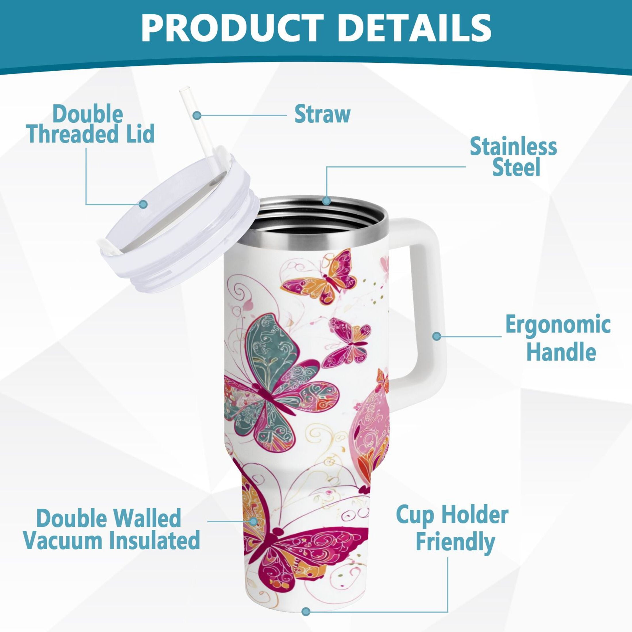 30 oz Insulated Stainless Steel Tumbler Double Wall Stainless Steel Tumbler with 2-Way Drinking Colorful Butterflies 25QE