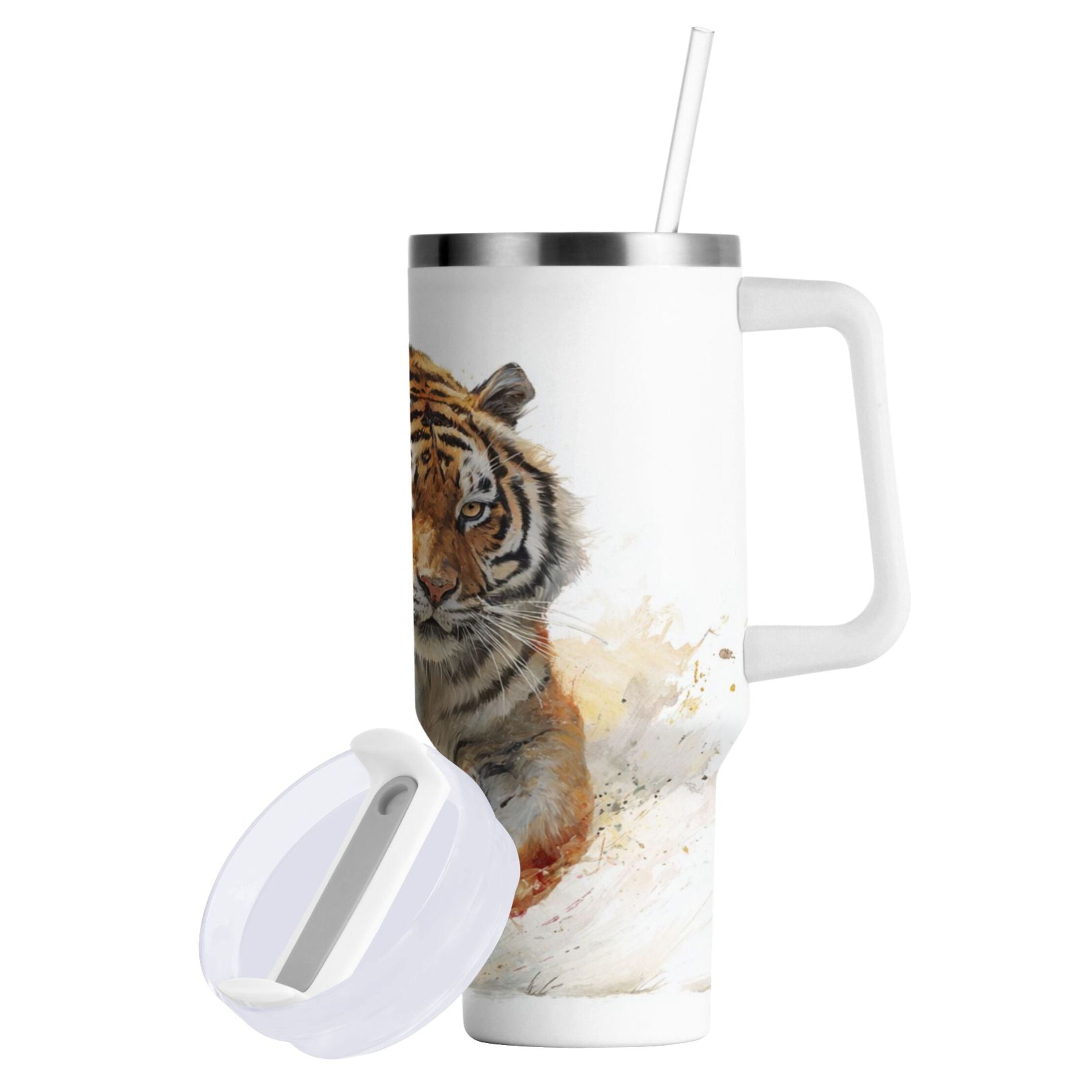 30 oz Insulated Stainless Steel Tumbler Double Wall Stainless Steel Tumbler with 2-Way Drinking Tiger in Action YKHW