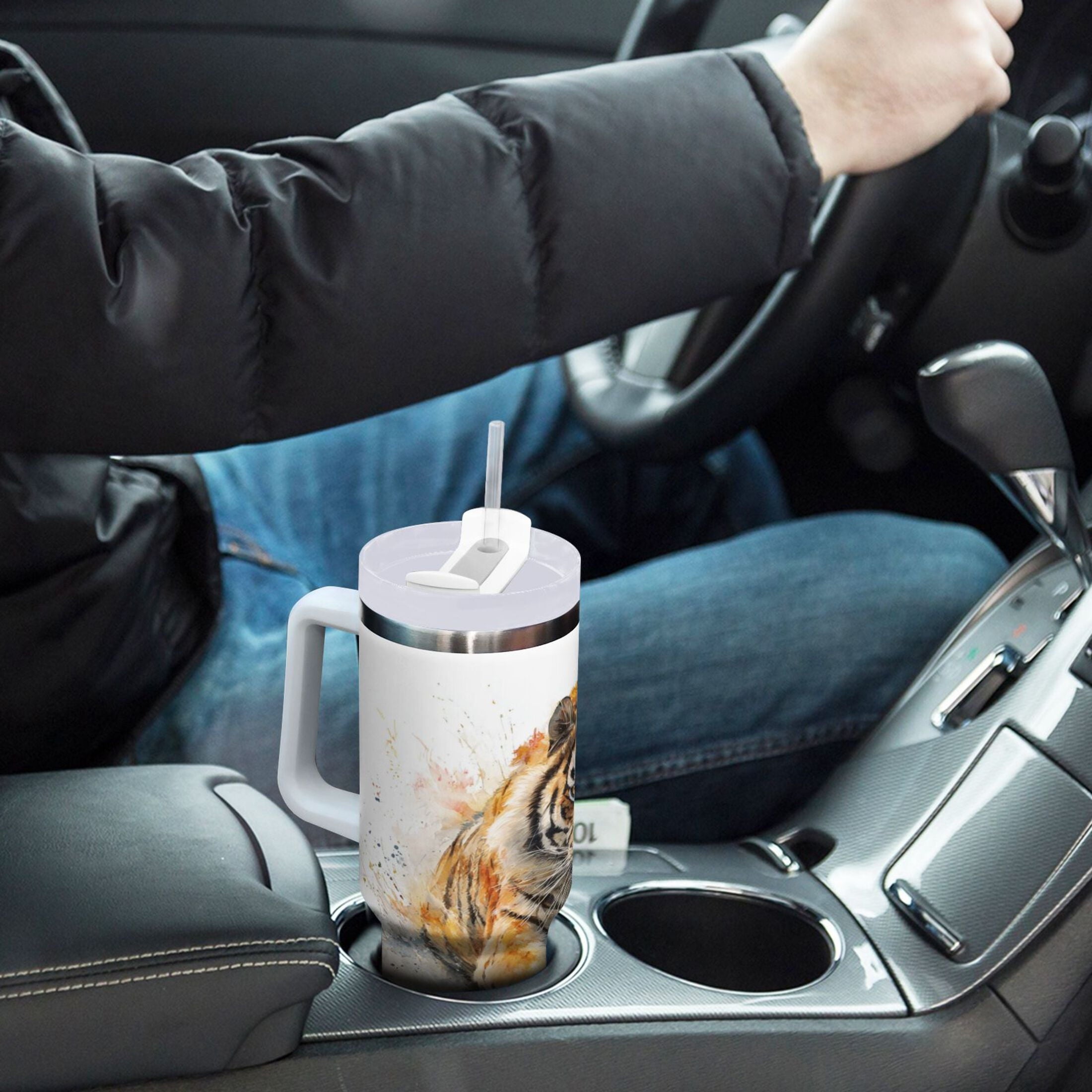 30 oz Insulated Stainless Steel Tumbler Double Wall Stainless Steel Tumbler with 2-Way Drinking Tiger in Action YKHW